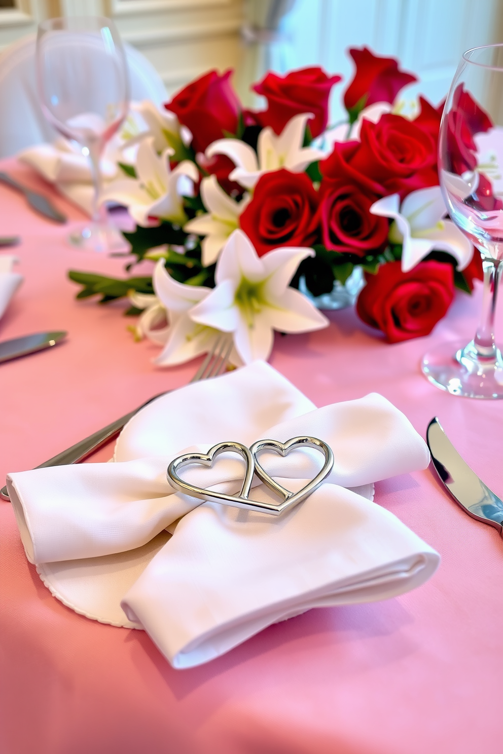 A romantic dining table setting for Valentine's Day, featuring elegant heart-shaped napkin rings made of polished silver, placed on crisp white linen napkins. The table is adorned with a soft pink tablecloth, complemented by delicate floral arrangements of red roses and white lilies in the center.