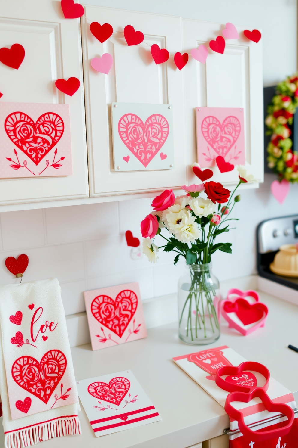 A set of Valentine's Day themed coasters featuring intricate heart designs in shades of red and pink. Each coaster has a unique pattern, combining elements like roses, Cupid's arrows, and love letters, all set against a soft pastel background. A cozy kitchen adorned with Valentine's Day decorations, including heart-shaped garlands hanging from the cabinets. The countertop is decorated with a charming arrangement of red and white flowers in a vase, alongside themed dish towels and playful heart-shaped cookie cutters.