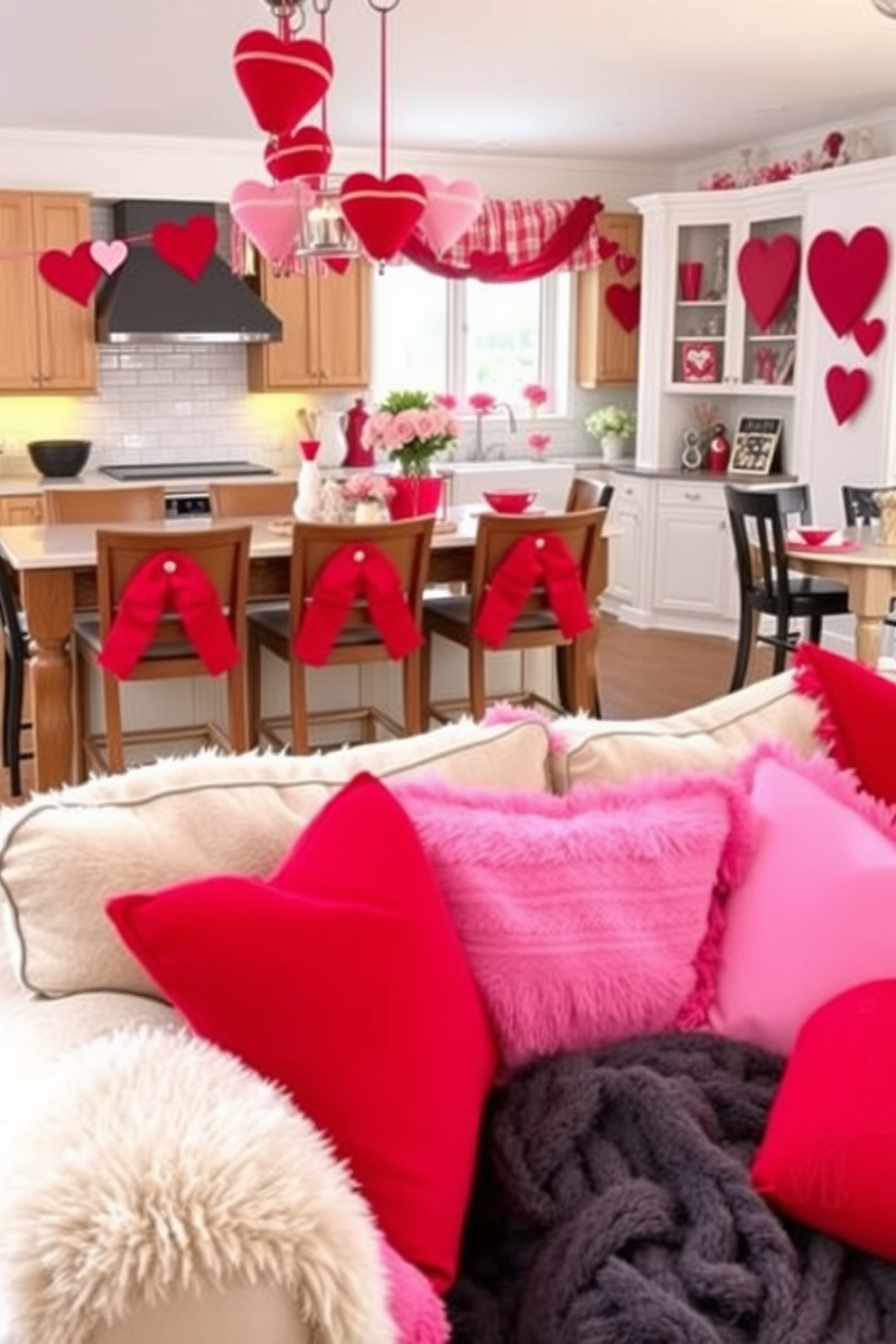 A cozy living room scene featuring a plush sofa adorned with vibrant red and pink throw pillows. The pillows are arranged in a playful manner, enhancing the inviting atmosphere of the space. A beautifully decorated kitchen with a festive Valentine's Day theme. Heart-shaped decorations and romantic accents are placed throughout, creating a warm and cheerful ambiance perfect for celebrating love.