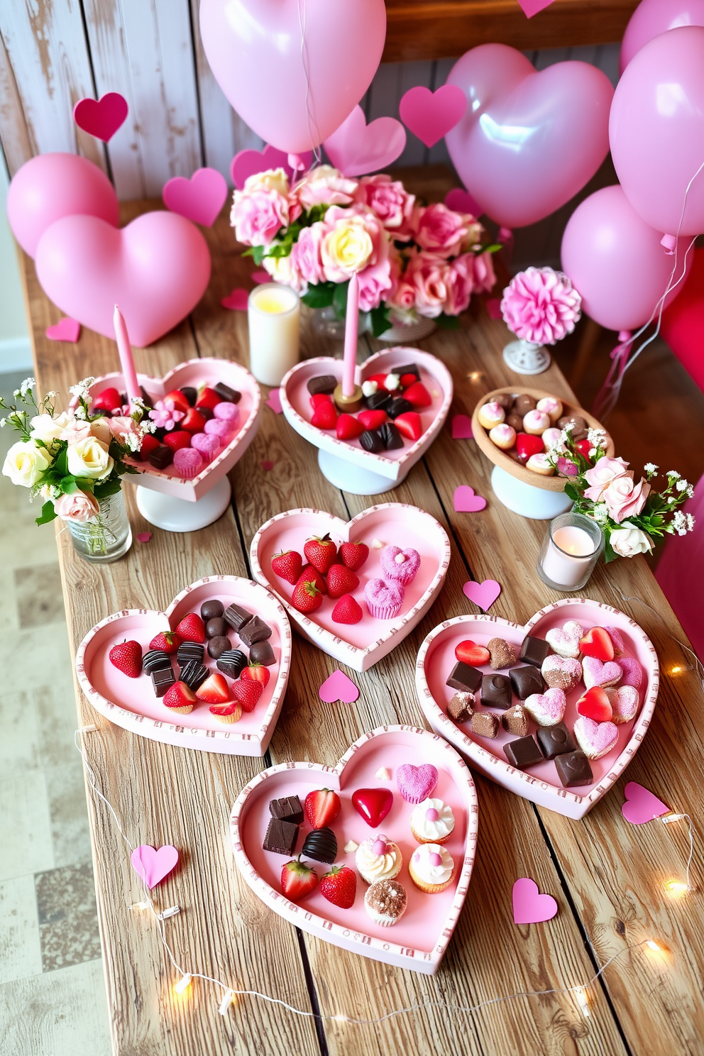 A charming display of heart-shaped serving trays arranged on a rustic wooden table, each tray showcasing an assortment of delectable treats like strawberries, chocolates, and cupcakes. Soft pink and red decorations, including heart-shaped balloons and candles, surround the trays, creating a romantic atmosphere perfect for Valentine's Day celebrations. Delicate floral arrangements in pastel hues complement the trays, adding a touch of elegance to the setting. Twinkling fairy lights drape around the table, enhancing the cozy and inviting vibe for a memorable Valentine's Day gathering.