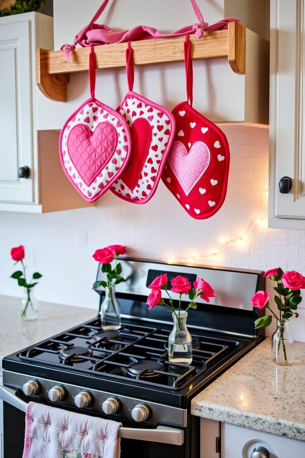 A charming kitchen adorned for Valentine's Day. The pot holders feature heart patterns in shades of pink and red, hanging from a wooden rack above a cozy stove. On the countertops, small vases filled with fresh roses add a romantic touch. Delicate string lights are draped along the backsplash, creating a warm and inviting atmosphere.