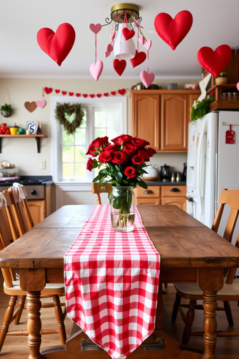 A cozy kitchen setting adorned with a red and white checkered tablecloth draped over a rustic wooden dining table. Heart-shaped decorations hang from the ceiling, and a vase filled with fresh red roses sits in the center, adding a romantic touch for Valentine's Day.