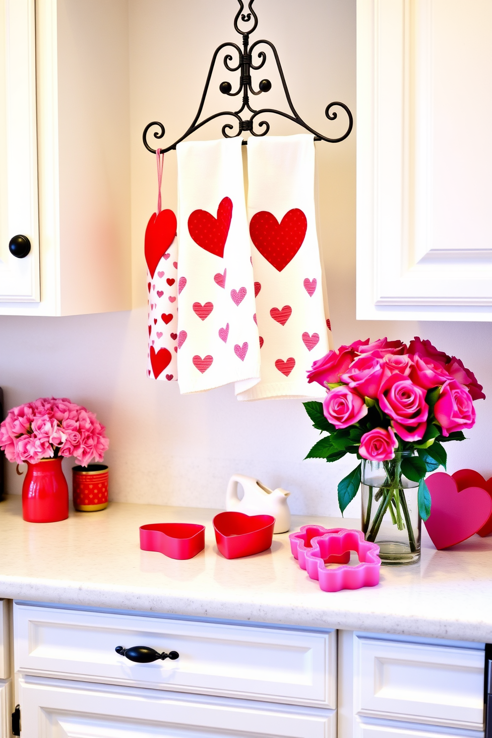 A charming kitchen adorned for Valentine's Day, featuring a set of heart-patterned dish towels hanging from an elegant rack. The countertops are decorated with pink and red accents, including a cheerful bouquet of roses in a vase and heart-shaped cookie cutters displayed prominently.