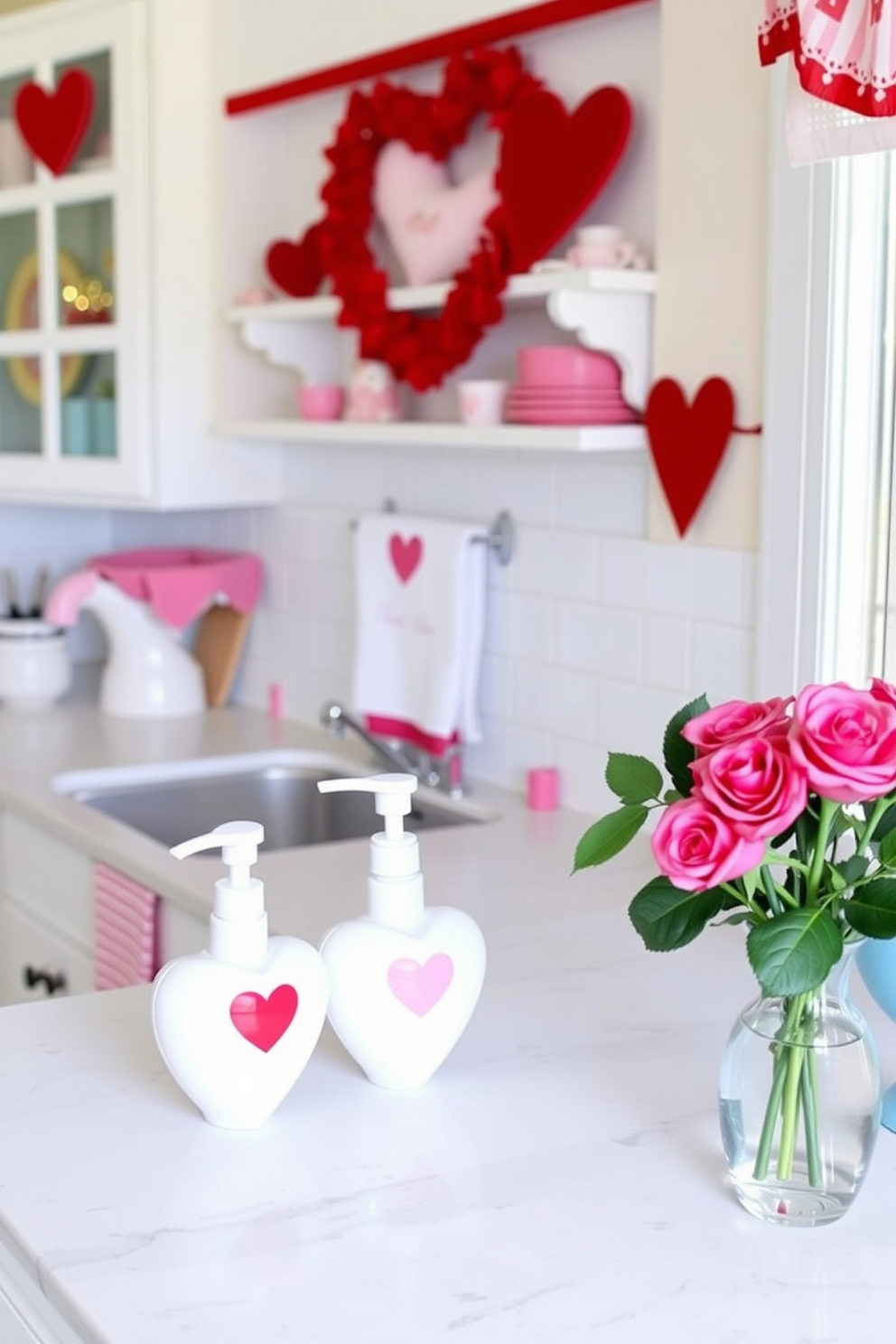 A charming kitchen adorned for Valentine's Day, featuring heart-shaped soap dispensers on the countertop. The space is filled with romantic accents, including red and pink decorations, heart-themed dish towels, and a bouquet of fresh roses in a vase.