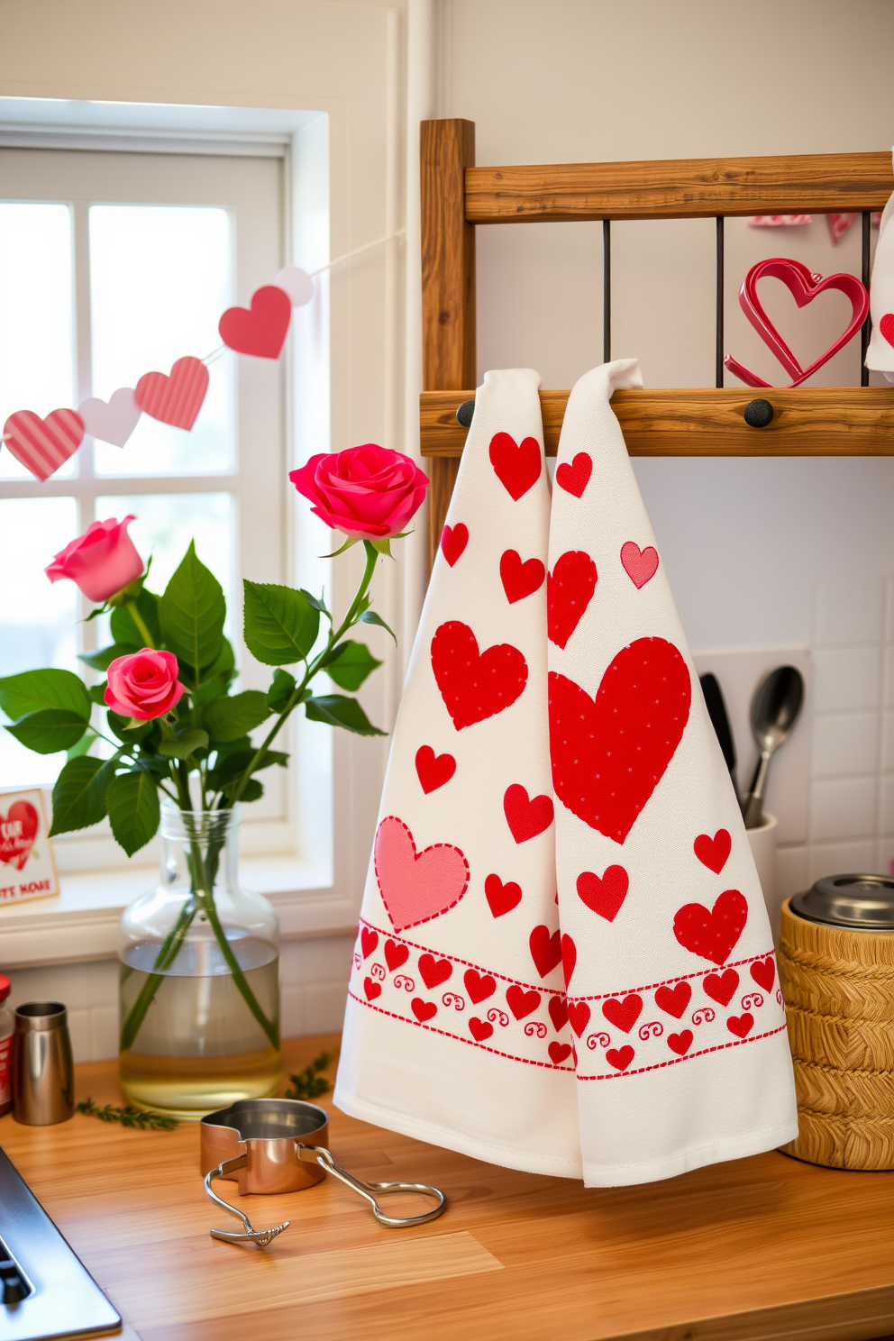 A charming Valentine's Day kitchen scene featuring a set of tea towels adorned with heart patterns in shades of red and pink. The towels are neatly hung on a rustic wooden rack, complemented by a bouquet of fresh roses in a vase on the countertop. The kitchen is decorated with subtle Valentine's Day accents, including heart-shaped cookie cutters and a whimsical garland of paper hearts strung across the window. Soft, warm lighting enhances the cozy atmosphere, making it an inviting space for holiday baking and gatherings.