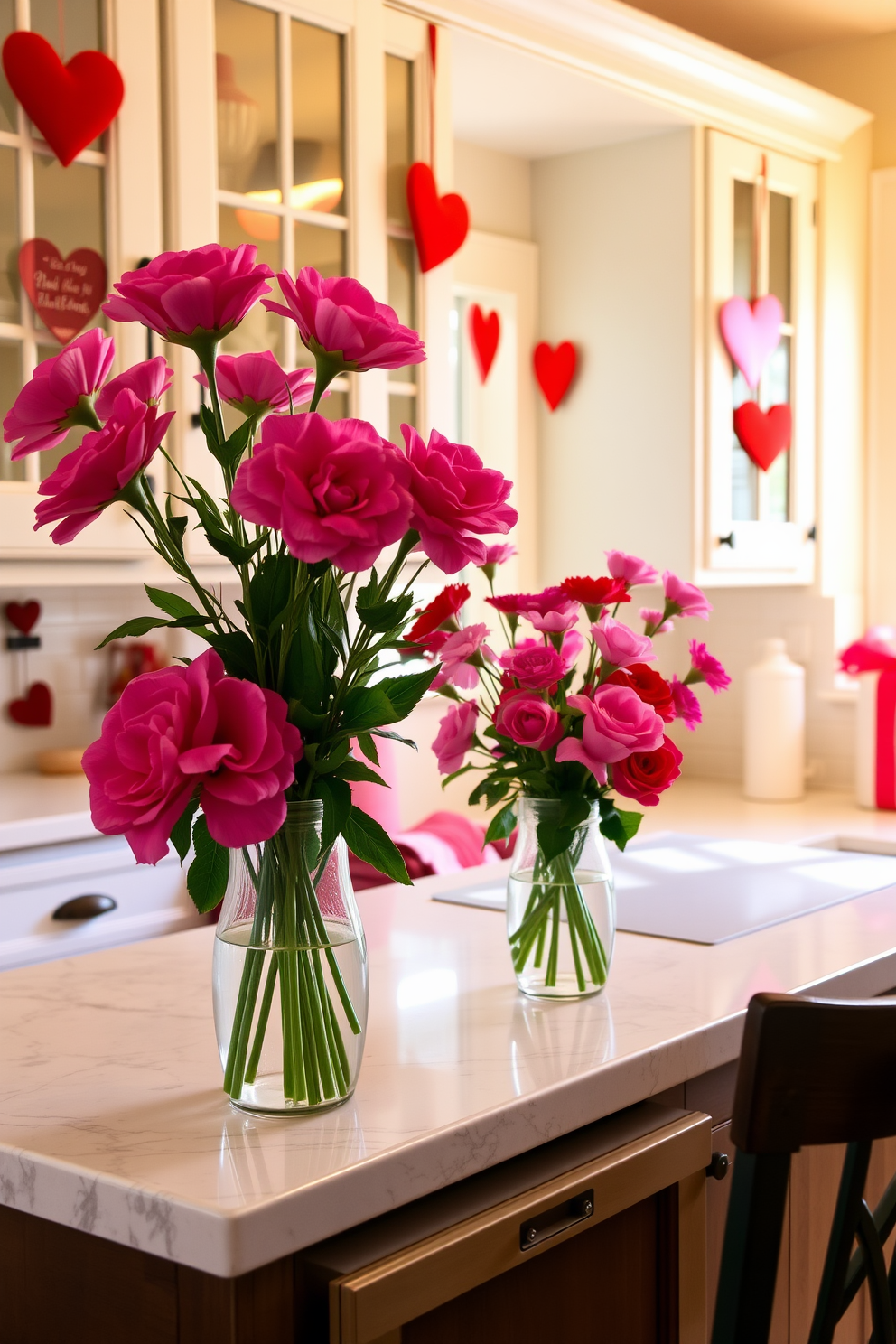 A charming kitchen adorned for Valentine's Day, featuring vibrant pink and red flower vases on the countertop. The vases are filled with fresh blooms, adding a romantic touch to the space, complemented by heart-shaped decorations hanging from the cabinets.