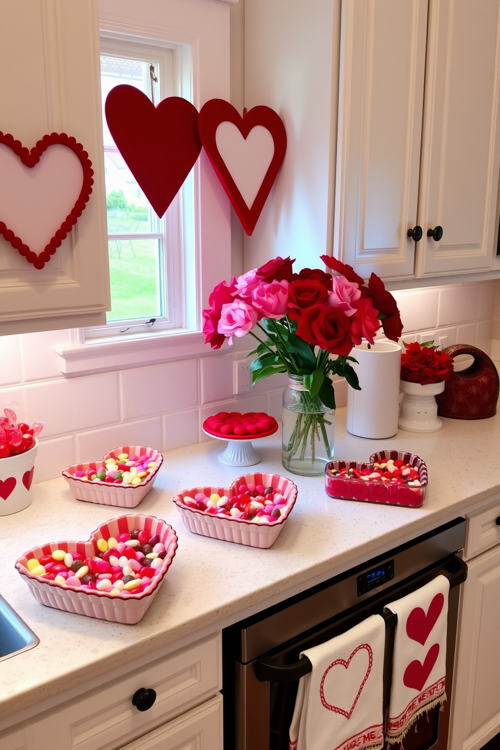 A charming kitchen adorned for Valentine's Day features heart-shaped candy dishes filled with an assortment of colorful sweets. The countertops are decorated with romantic accents, including red and pink flowers in a vase and heart-themed kitchen towels hanging from the oven handle.