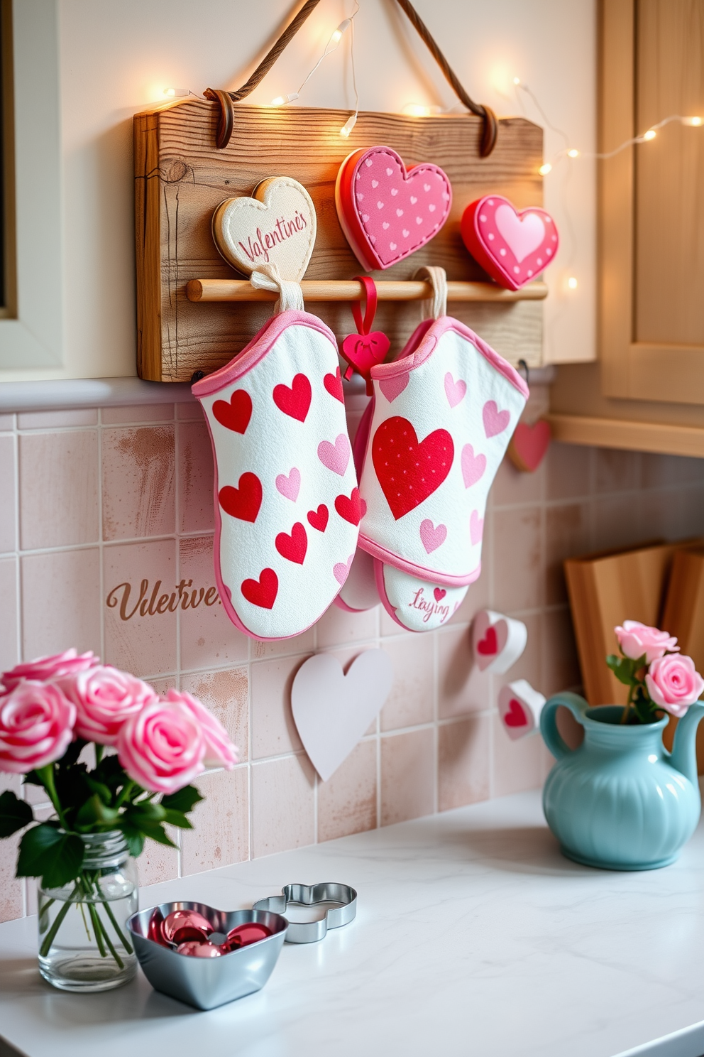 A cozy kitchen adorned with Valentine's Day themed oven mitts hanging from a rustic wooden rack. The mitts feature playful heart patterns in shades of red and pink, adding a festive touch to the space. The countertops are decorated with charming heart-shaped cookie cutters and a vase filled with fresh roses in soft pink hues. String lights in the shape of hearts illuminate the area, creating a warm and inviting atmosphere for baking.