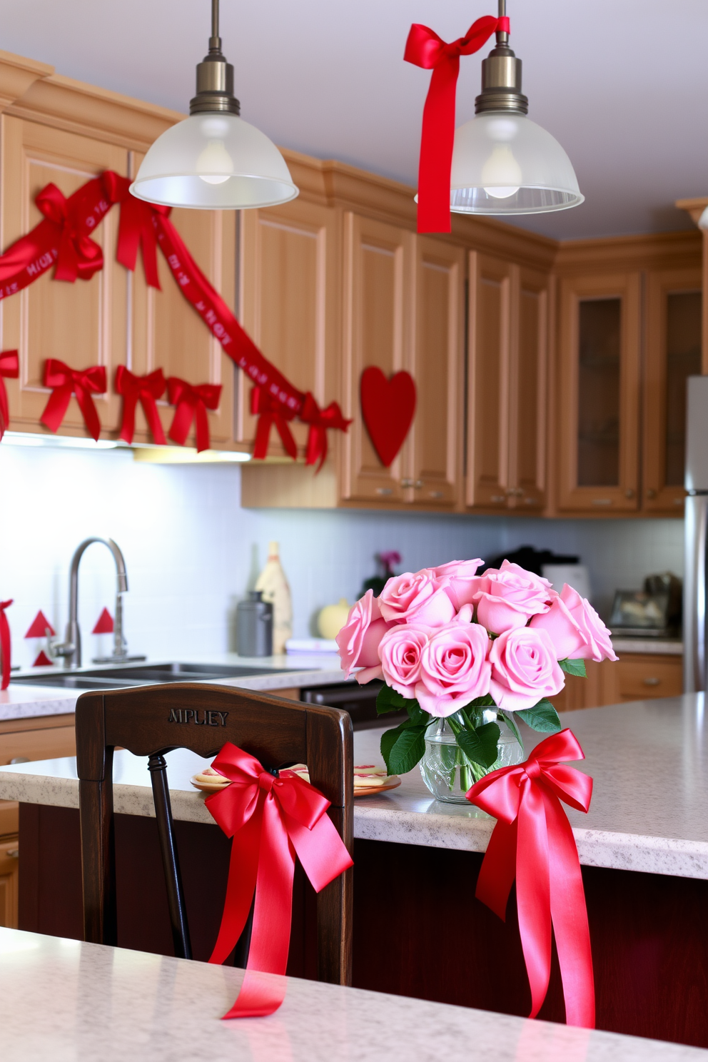 A cozy kitchen adorned with red and pink ribbon decorations, creating a festive Valentine's Day atmosphere. The ribbons are elegantly draped along the cabinets and tied into bows on the chair backs, adding a touch of romance to the space. On the countertop, a charming arrangement of heart-shaped cookies sits beside a vase filled with fresh pink roses. Soft lighting from pendant fixtures casts a warm glow, enhancing the inviting ambiance for a special celebration.