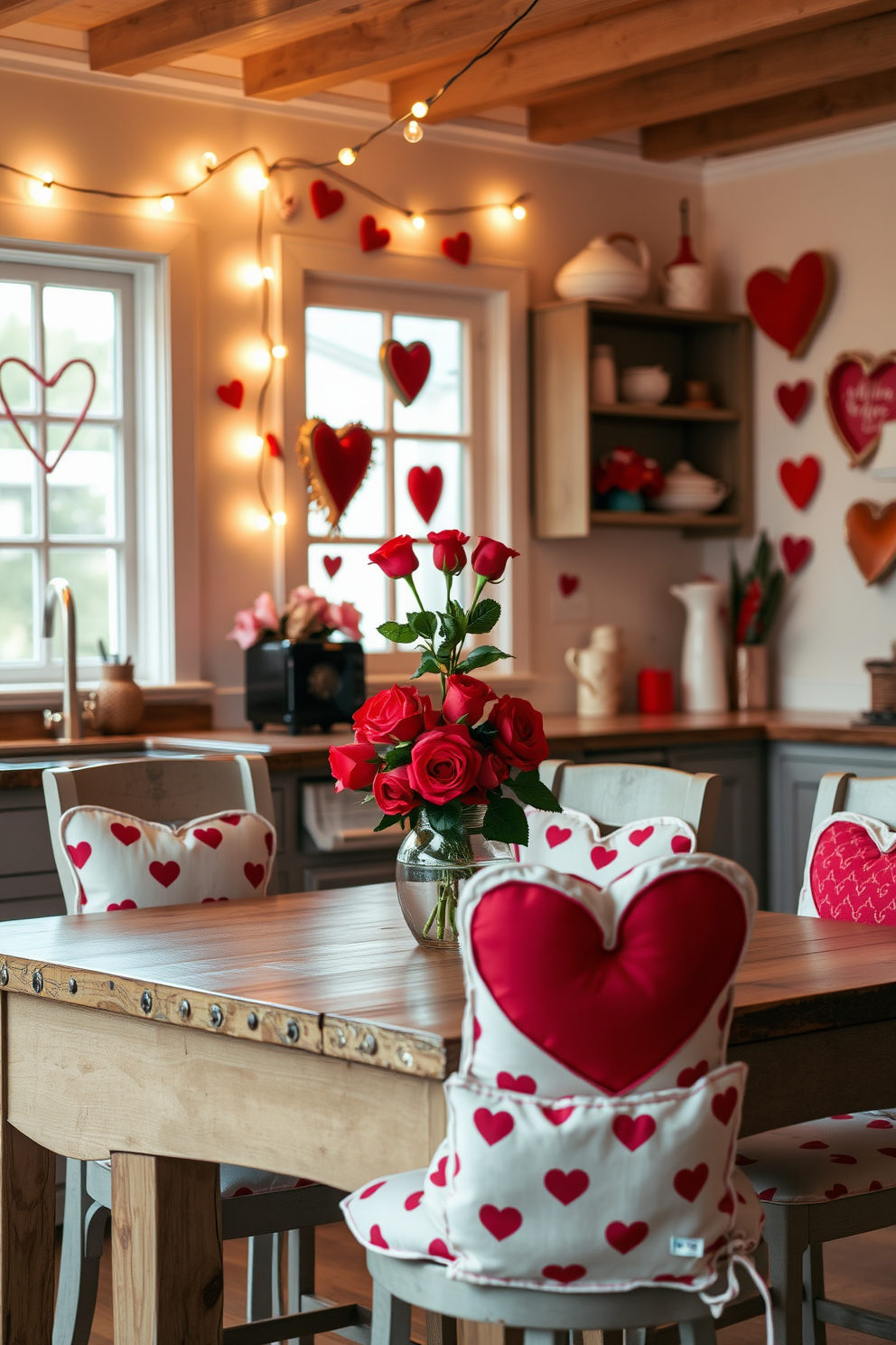 A cozy kitchen adorned with heart-patterned chair cushions adds a festive touch for Valentine's Day. The cushions are paired with a rustic wooden dining table, and soft, ambient lighting creates a warm and inviting atmosphere. To enhance the Valentine's Day theme, the kitchen features heart-shaped decor on the walls and a centerpiece of red roses in a glass vase. String lights are draped above the window, casting a gentle glow that complements the cheerful decor.