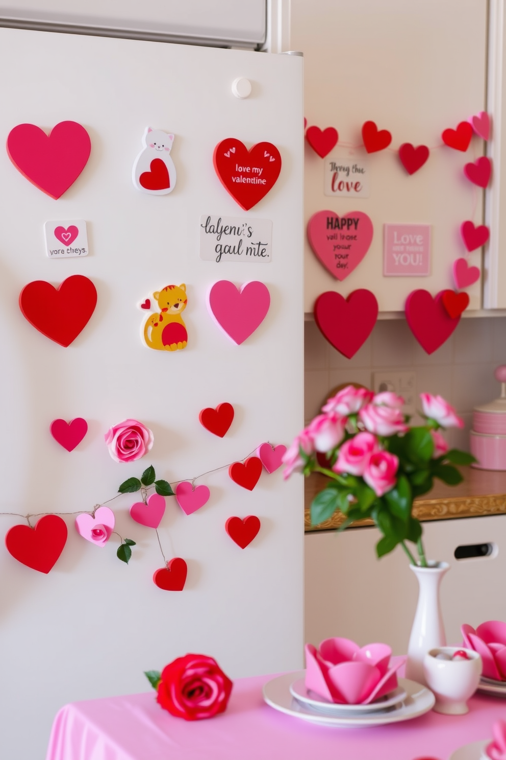 A collection of whimsical Valentine's Day themed fridge magnets, featuring heart shapes, cute animals, and romantic quotes. Each magnet is brightly colored, adding a cheerful touch to a white or stainless-steel refrigerator. Charming decorations for a Valentine's Day kitchen, including heart-shaped garlands draped along the cabinets and pink table linens. Sweet touches like a vase of fresh roses and themed dishware create a cozy, romantic atmosphere.