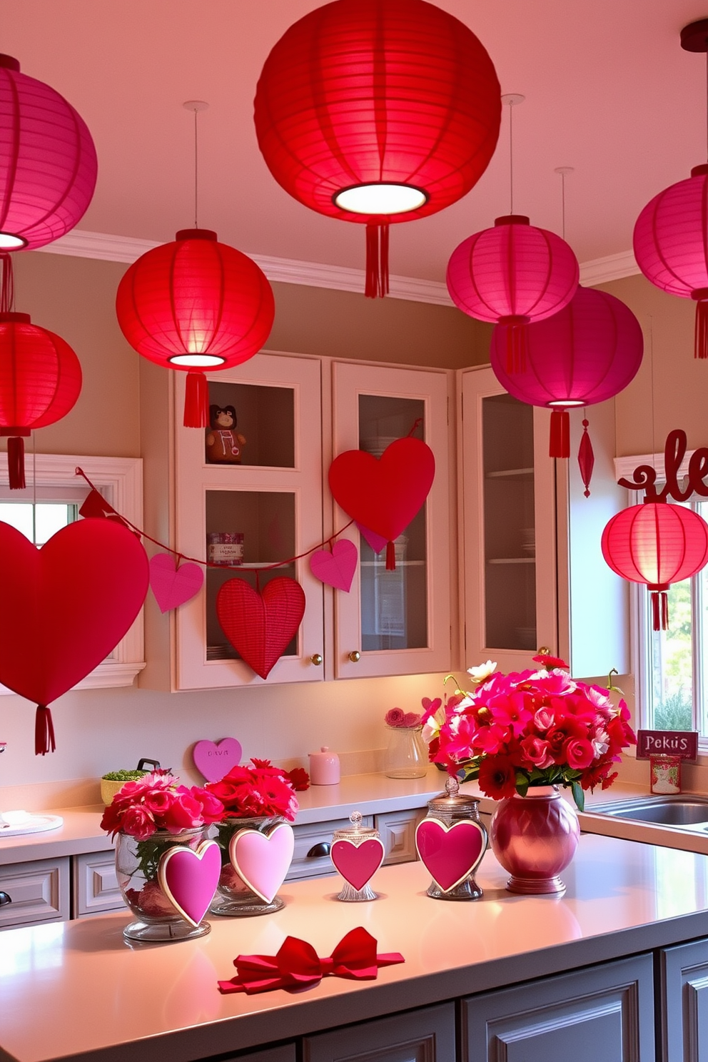 A whimsical kitchen adorned with red and pink paper lanterns hanging from the ceiling, casting a warm glow throughout the space. The countertops are decorated with heart-shaped cookie jars and vibrant floral arrangements, creating a festive atmosphere for Valentine's Day celebrations.