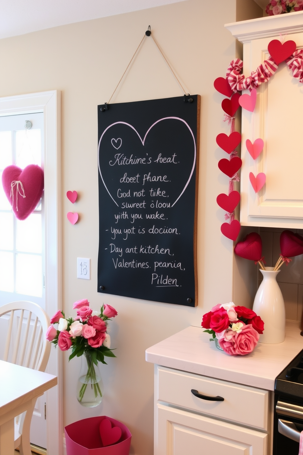 A charming kitchen adorned for Valentine's Day features a heart-shaped chalkboard mounted on the wall, inviting guests to leave sweet messages. Surrounding the chalkboard, decorative accents in shades of pink and red, such as heart-shaped garlands and fresh flowers, enhance the romantic atmosphere.