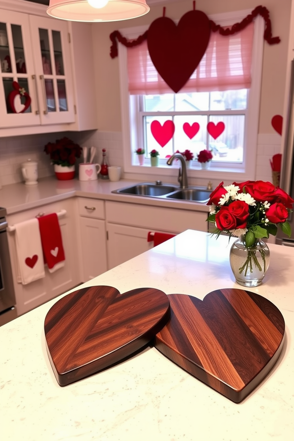 A charming kitchen adorned for Valentine's Day, featuring heart-shaped cutting boards made of rich, dark wood displayed prominently on the countertop. Soft, romantic lighting casts a warm glow over the space, complemented by red and pink accents in the decor, including heart-themed dish towels and floral arrangements.