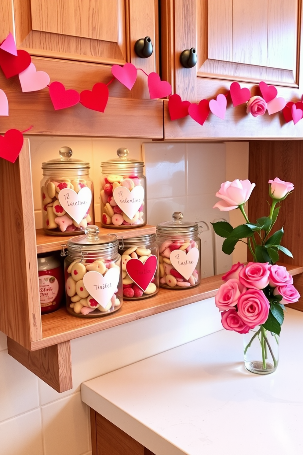 A charming display of Valentine's Day themed cookie jars sits on a rustic wooden kitchen shelf. Each jar is adorned with playful heart patterns and filled with an assortment of colorful cookies, creating a warm and inviting atmosphere. The kitchen is decorated with soft pink and red accents, including heart-shaped garlands draped across the cabinets. A bouquet of fresh roses in a vase adds a romantic touch to the countertop, completing the festive look.