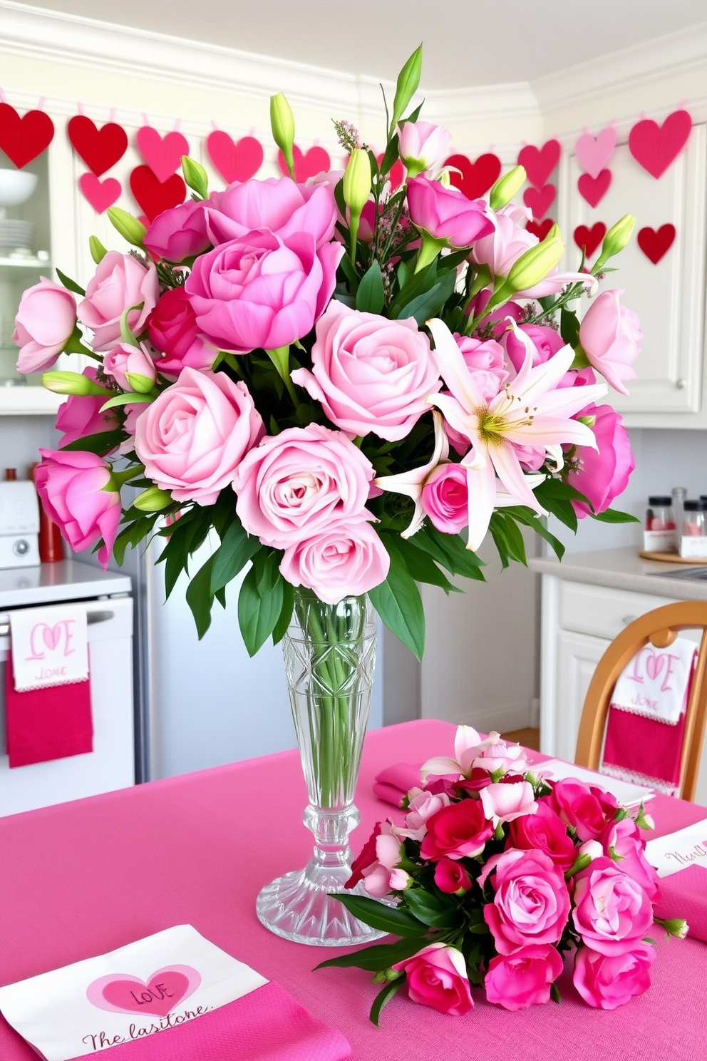 A stunning pink floral centerpiece adorned with lush peonies, roses, and delicate lilies, elegantly arranged in a vintage crystal vase. The vibrant blooms are complemented by soft greenery, creating a romantic and inviting atmosphere perfect for any celebration. For a charming Valentine's Day kitchen decor, hang heart-shaped garlands made of red and pink paper above the countertops. Add touches of love with themed dish towels and a small arrangement of fresh flowers on the dining table, enhancing the festive spirit.