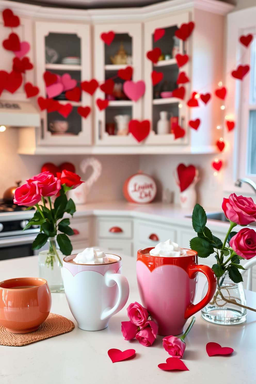 A cozy kitchen adorned for Valentine's Day. The countertop is decorated with heart-shaped mugs in shades of red and pink, filled with steaming hot cocoa topped with whipped cream. Festive garlands of paper hearts hang from the cabinets, while a bouquet of fresh roses sits in a vase on the dining table. Soft, warm lighting enhances the romantic ambiance, creating a perfect setting for a Valentine's Day celebration.