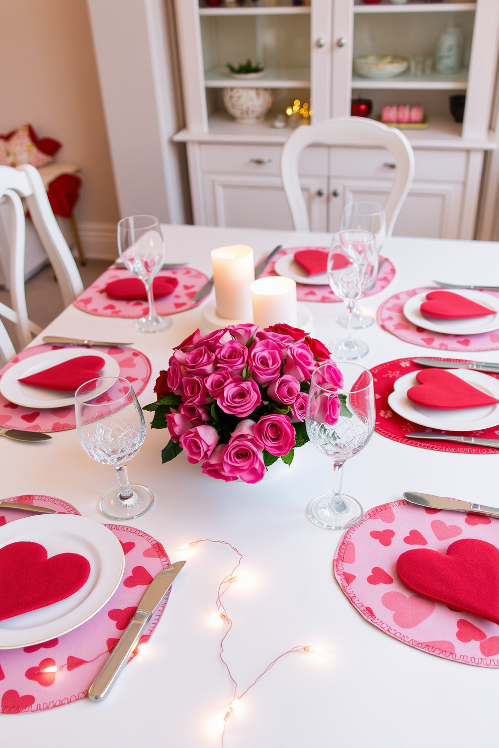 A charming dining table setting adorned with heart-patterned placemats in shades of red and pink. The table is elegantly set with white dishes, sparkling glassware, and a bouquet of fresh roses in the center, creating a romantic atmosphere for Valentine's Day. Soft, ambient lighting from heart-shaped candles enhances the cozy feel of the space. Delicate string lights are draped along the table's edge, adding a whimsical touch to the Valentine's Day decorating theme.