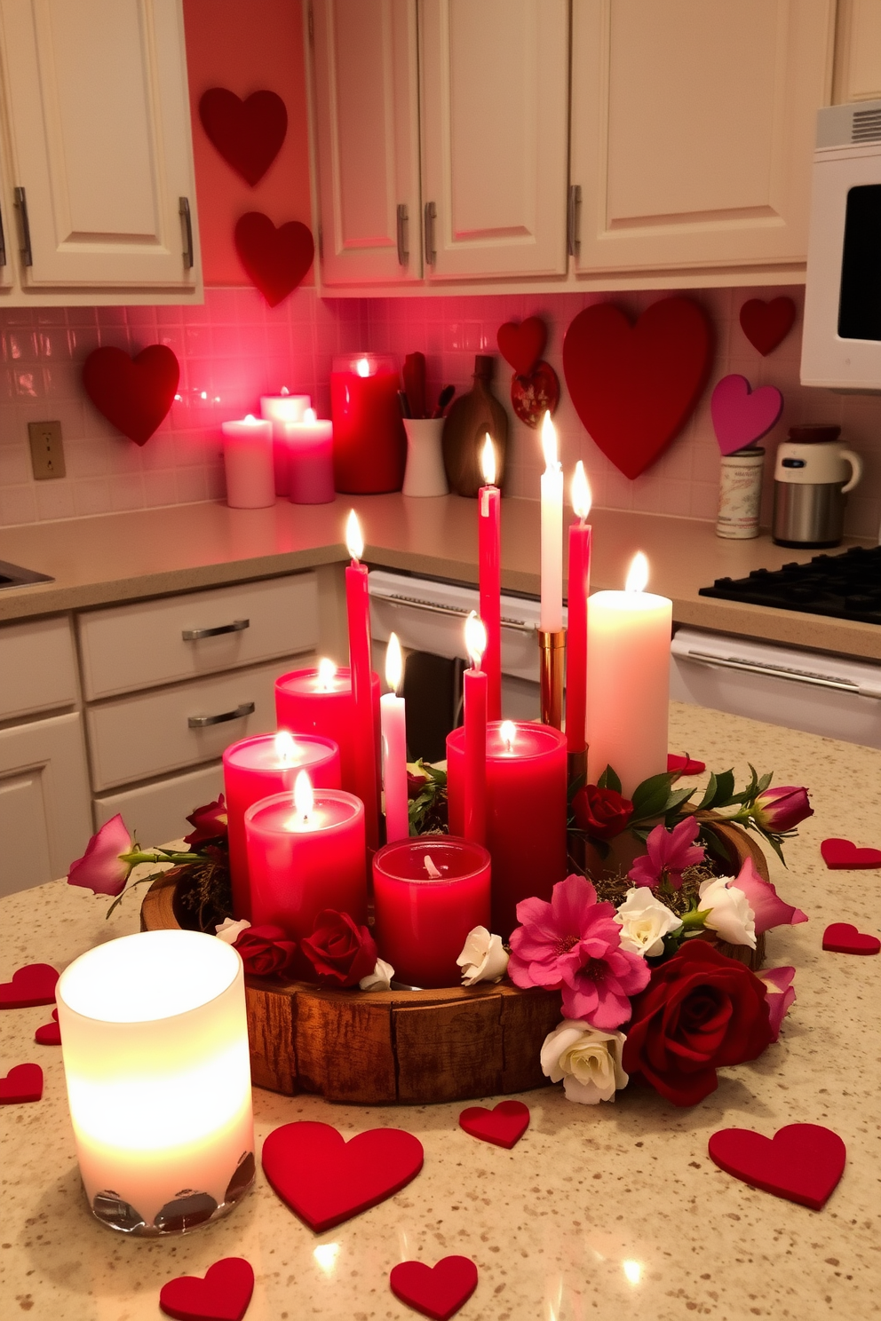 A romantic kitchen setting adorned with an array of red and pink candles, casting a warm glow across the countertops. The candles are arranged on a rustic wooden tray, surrounded by heart-shaped decorations and fresh flowers, creating a festive atmosphere for Valentine's Day.