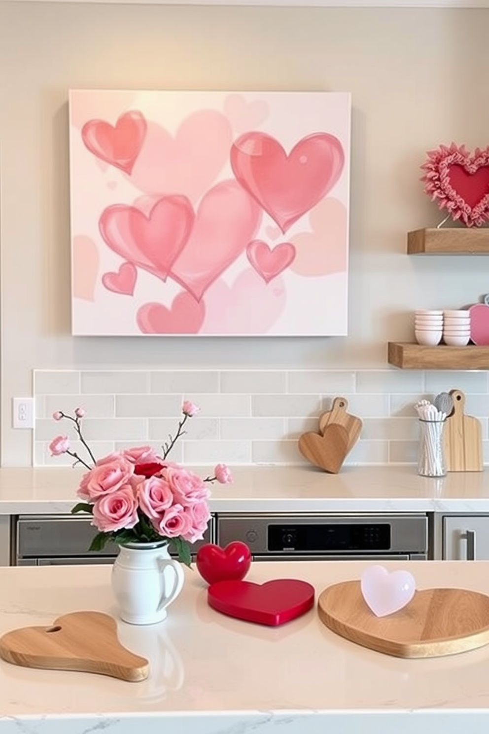 A romantic kitchen setting adorned with love-themed wall art. The walls feature a large canvas depicting abstract hearts in soft pastel colors, creating a warm and inviting atmosphere. On the countertops, delicate floral arrangements in pink and red hues complement the decor. Heart-shaped kitchen accessories, such as cutting boards and utensil holders, add a playful touch to the Valentine's Day theme.