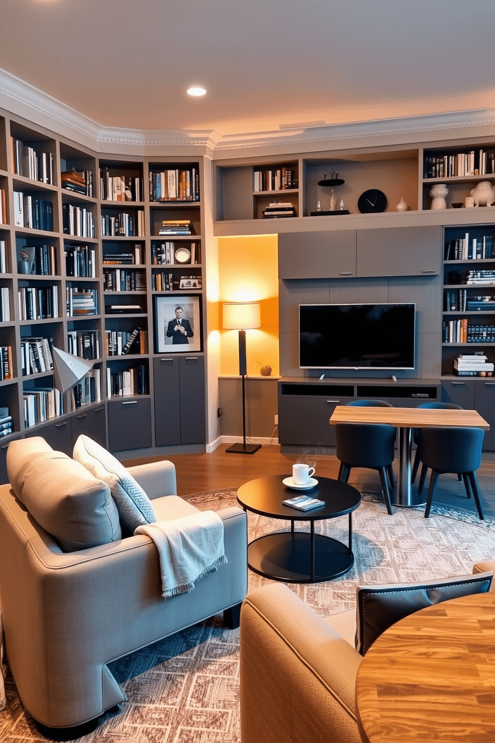 Cozy reading nook with built-in shelves. A plush armchair is nestled in the corner, surrounded by floor-to-ceiling bookshelves filled with an array of books and decorative items. Soft, warm lighting from a nearby floor lamp creates an inviting atmosphere, while a small side table holds a steaming cup of tea and a cozy blanket draped over the armchair. L-Shaped Basement Design Ideas. The space features a modern sectional sofa facing a sleek entertainment center, with a coffee table in the center for casual gatherings. On one side, a small bar area with stylish stools invites relaxation, while the other side includes a game table surrounded by comfortable chairs, ensuring a perfect blend of entertainment and comfort.