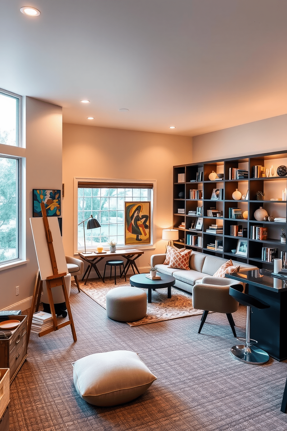 Art studio with easel and storage space. The room features large windows that allow natural light to flood in, illuminating the vibrant colors of the artwork on the walls. An L-shaped basement design with a cozy lounge area and a small bar. The space is adorned with plush seating, ambient lighting, and stylish shelves displaying books and decorative items.