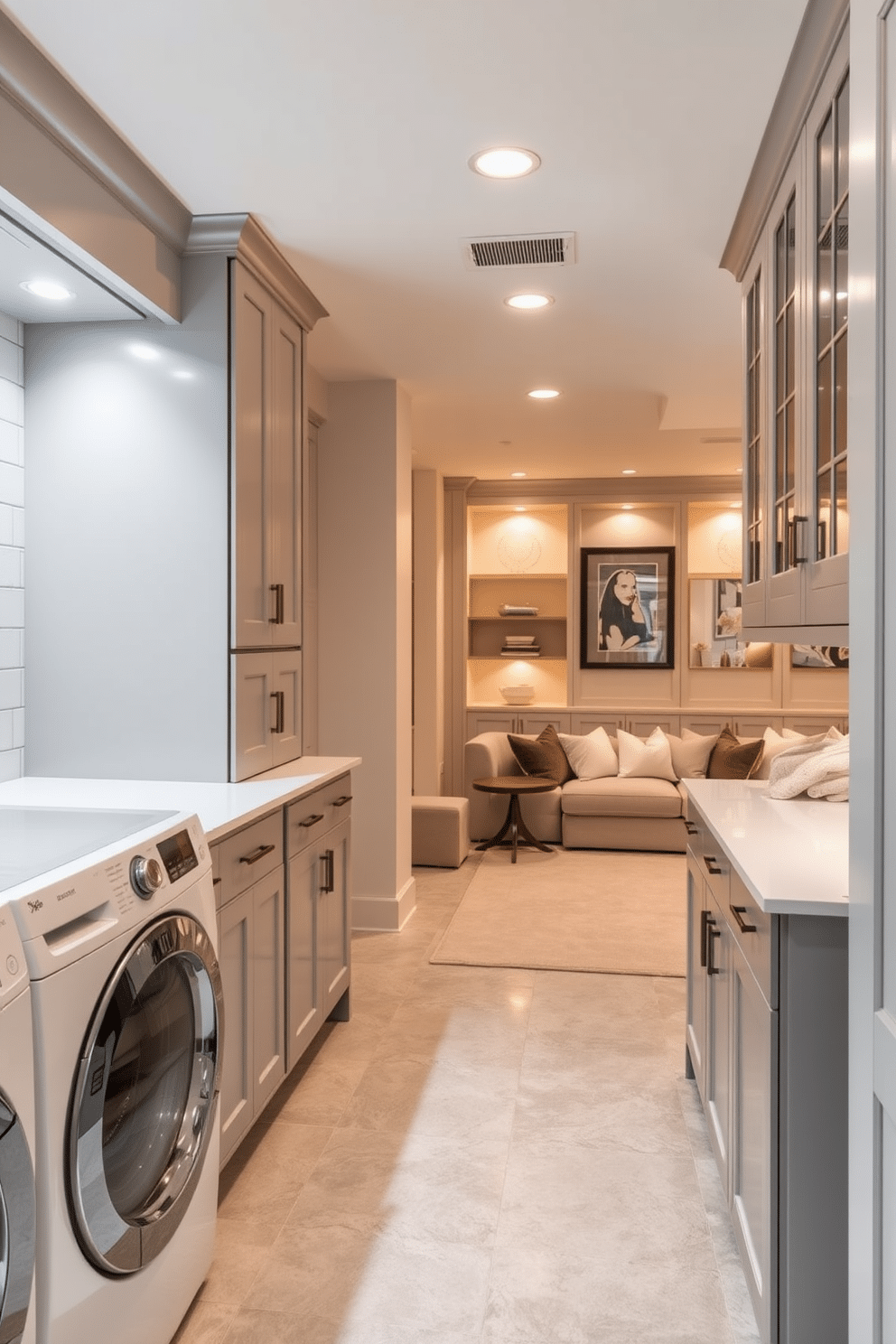 A modern laundry room with a spacious folding station. The room features sleek cabinetry in a soft gray finish, with a large countertop for sorting and folding clothes, complemented by a stylish backsplash of white subway tiles. An L-shaped basement design that maximizes space and functionality. The area includes a cozy seating nook with plush sofas, a mini bar with elegant shelving, and warm lighting that creates an inviting atmosphere.