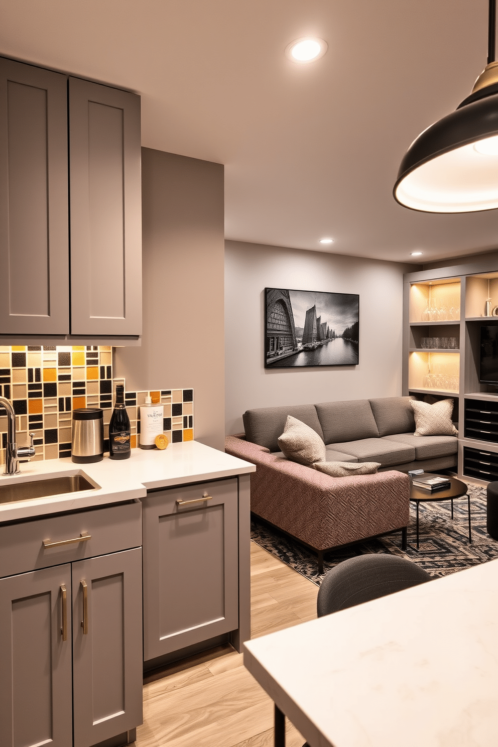 A cozy mini kitchenette designed for snacks and drinks features a compact layout with sleek cabinetry in a soft gray finish. The countertop is a polished white quartz, with a stylish backsplash of colorful ceramic tiles that add a pop of personality. The L-shaped basement design incorporates a comfortable lounge area with plush seating and a modern coffee table. Warm ambient lighting highlights the space, while a built-in bar with wine storage and shelves for glassware enhances the entertainment potential.