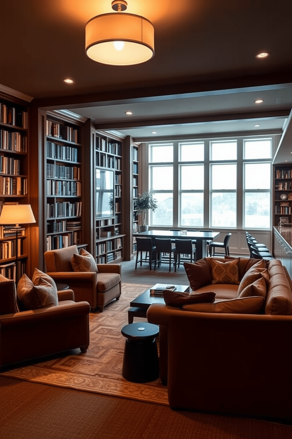 A cozy home library featuring plush reading chairs upholstered in rich fabrics. Tall bookshelves line the walls, filled with an array of books, while a warm, ambient light fixture casts a soft glow over the space. An inviting L-shaped basement designed for both relaxation and entertainment. The area includes a sectional sofa, a sleek bar with high stools, and large windows that allow natural light to brighten the room.