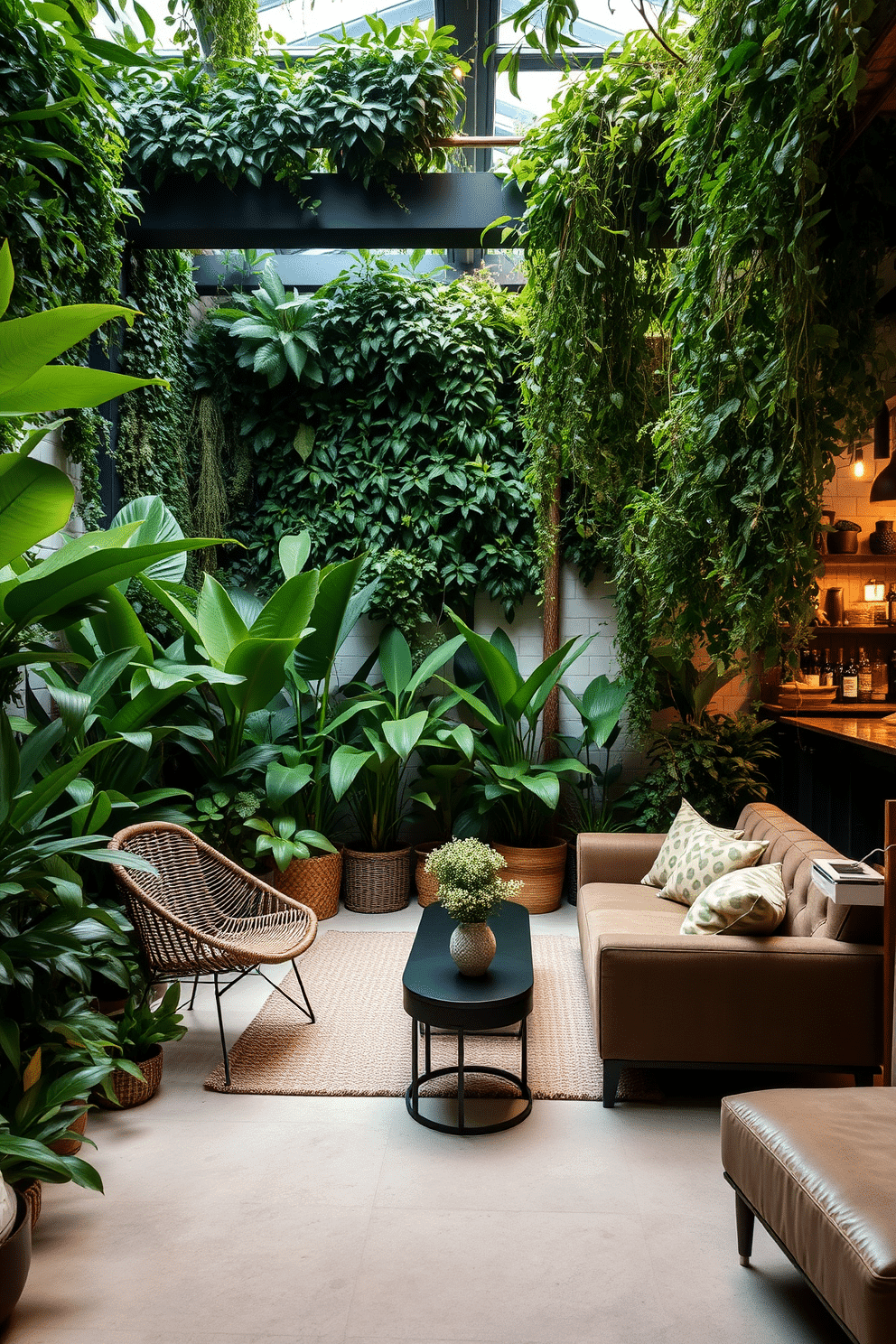 A serene indoor garden filled with a variety of lush green plants, creating a tranquil atmosphere. Comfortable seating, such as a modern wicker chair and a small table, invites relaxation amidst the greenery. An inviting L-shaped basement design featuring a cozy lounge area with plush sofas and a stylish coffee table. The space is enhanced by ambient lighting and a wet bar, making it perfect for entertaining guests.