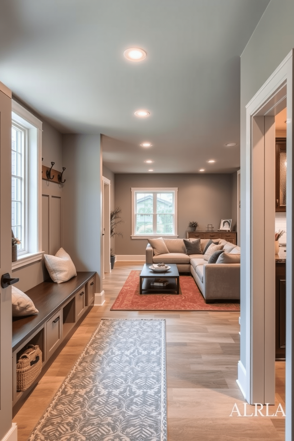 A welcoming mudroom entry features built-in storage benches with plush cushions and ample hooks for coats and bags. The walls are painted a soft gray, and a patterned runner rug adds warmth to the space, while natural light filters in through a nearby window. An L-shaped basement design incorporates a cozy seating area with a sectional sofa and a sleek coffee table, perfect for entertaining. The space is enhanced with recessed lighting and a wet bar, creating an inviting atmosphere for relaxation and social gatherings.