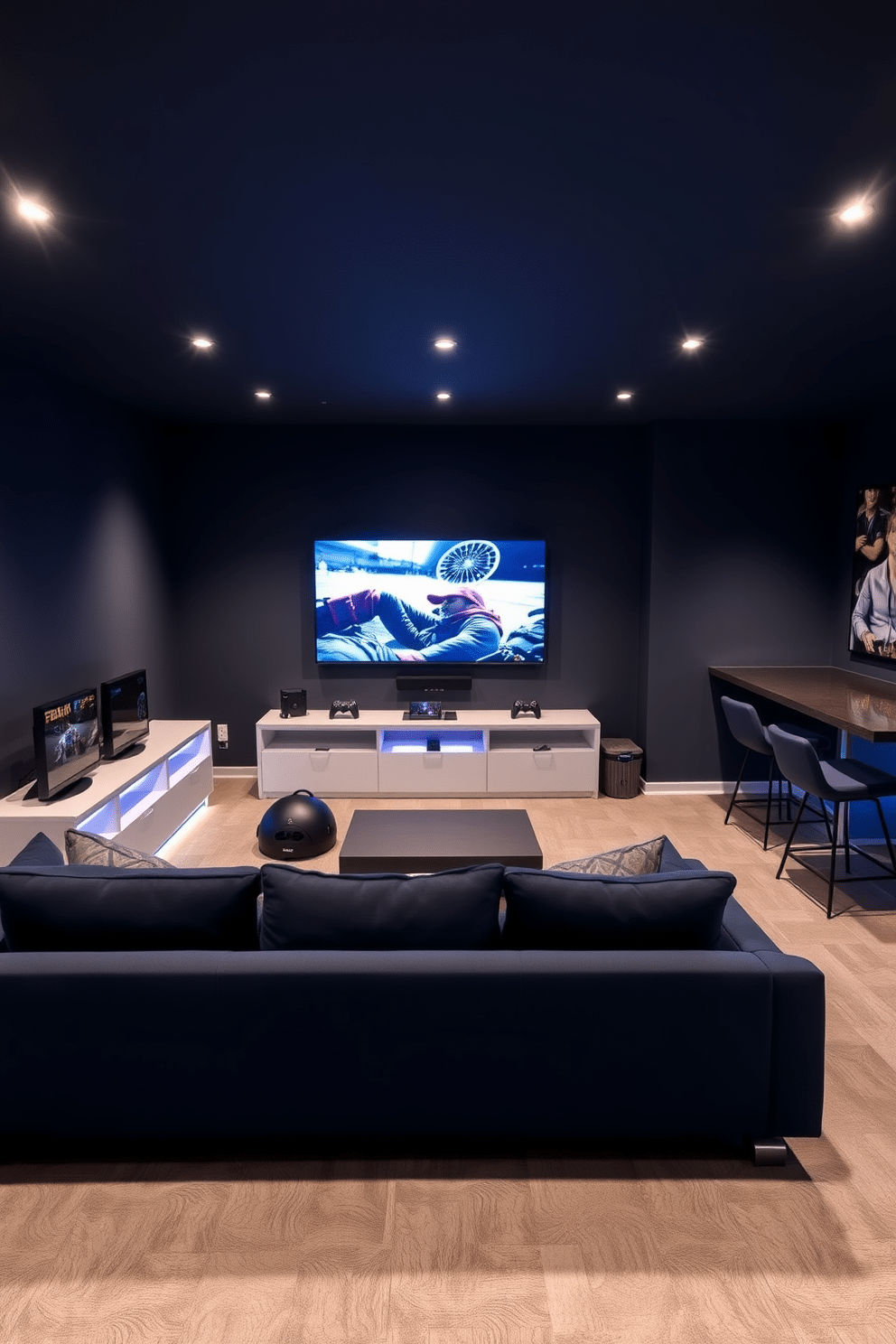 An entertainment zone featuring a sleek L-shaped sectional sofa in a deep navy fabric, positioned in front of a large wall-mounted flat-screen TV. Surrounding the area are modern gaming consoles neatly arranged on a minimalist media console, with ambient LED lighting illuminating the space. The basement design incorporates a stylish bar area with high-top stools and a polished concrete countertop, seamlessly blending with the overall aesthetic. Soft, recessed lighting creates a cozy atmosphere, while soundproofing elements ensure an immersive gaming experience.