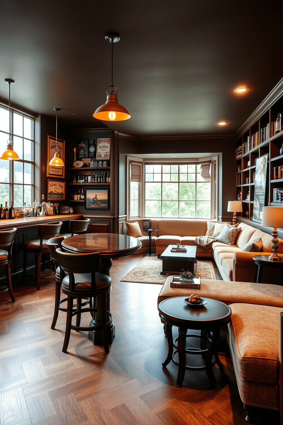 A vintage bar area featuring elegant wooden stools with plush upholstery, complemented by a polished mahogany countertop. The walls are adorned with vintage liquor posters and shelves filled with an array of spirits, while warm pendant lights cast a cozy glow over the space. An L-shaped basement design that maximizes space with a comfortable sectional sofa and a stylish coffee table at the center. The area is accented with built-in shelving for books and decor, and large windows allow natural light to fill the room, creating an inviting atmosphere.