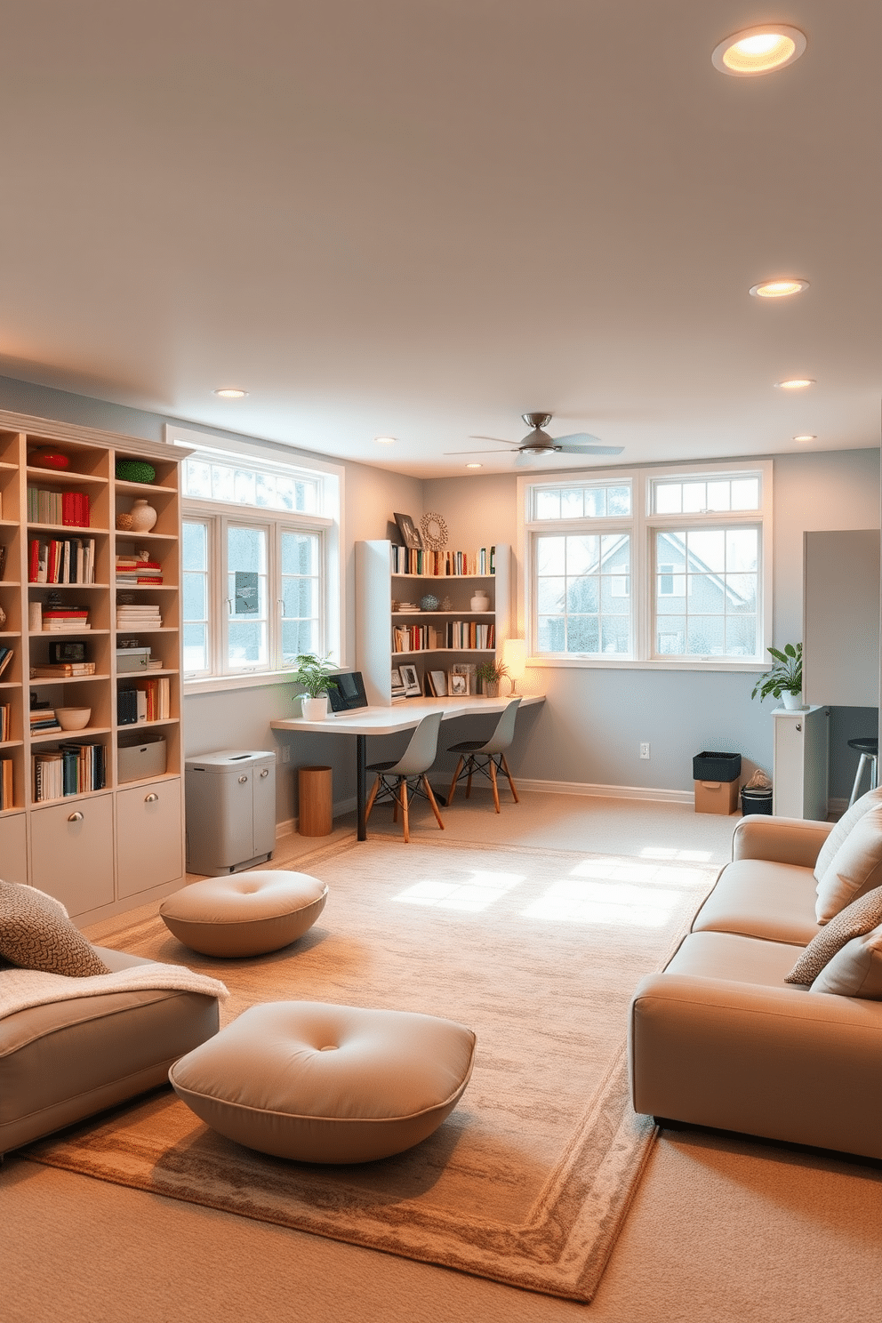 A flexible multipurpose room designed for hobbies features a spacious layout that accommodates various activities, from crafting to yoga. The room is filled with natural light from large windows, and the walls are painted in a calming light blue, creating an inspiring atmosphere. The L-shaped basement design incorporates a cozy reading nook with built-in shelves, and a small kitchenette for convenience. Soft, warm lighting enhances the inviting ambiance, while plush seating and a large area rug add comfort to the space.