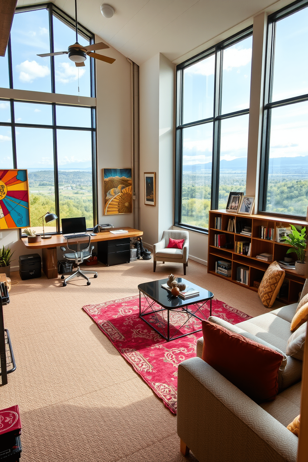 A creative workspace with inspiring views features large windows that flood the room with natural light, offering a panoramic view of the surrounding landscape. The interior is adorned with a mix of modern and vintage furnishings, including a sleek desk, an ergonomic chair, and vibrant artwork that stimulates creativity. The L-shaped basement design incorporates a cozy lounge area with plush seating and a coffee table, perfect for relaxation or informal meetings. The space is enhanced with warm lighting, a small kitchenette, and strategically placed shelves displaying books and decorative items, creating an inviting atmosphere.