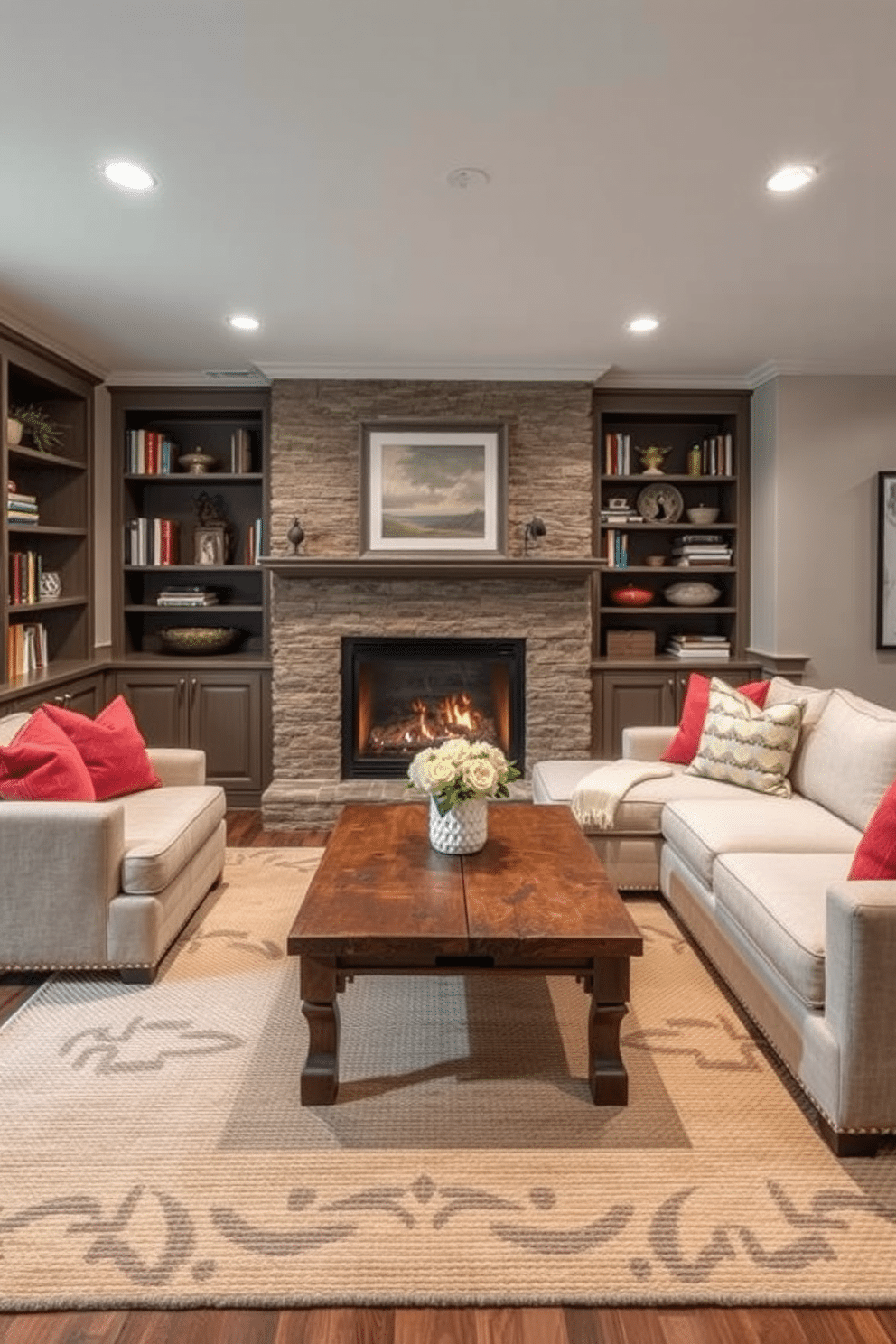 A cozy fireplace serves as the focal point in this inviting L-shaped basement. The fireplace is framed by built-in shelves filled with books and decorative items, creating a warm and welcoming atmosphere. The seating area features a plush sectional sofa in a soft, neutral fabric, complemented by colorful throw pillows. A rustic coffee table sits in front, surrounded by textured area rugs that enhance the comfort of the space.