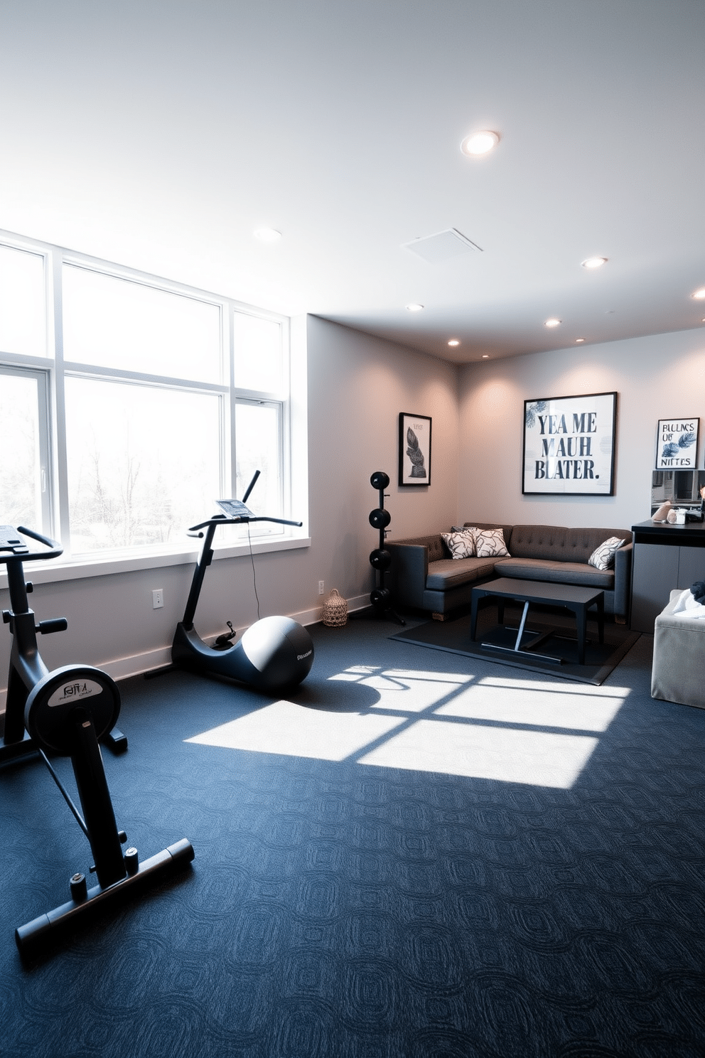 A personal gym featuring a dedicated yoga area with large windows allowing natural light to flood in. The weights section includes a variety of equipment neatly arranged on rubber flooring, complemented by motivational wall art. An L-shaped basement designed for multifunctional use, incorporating a cozy lounge area with a sectional sofa and a small kitchenette. The space is illuminated with recessed lighting, and the walls are adorned with contemporary artwork, creating an inviting atmosphere.