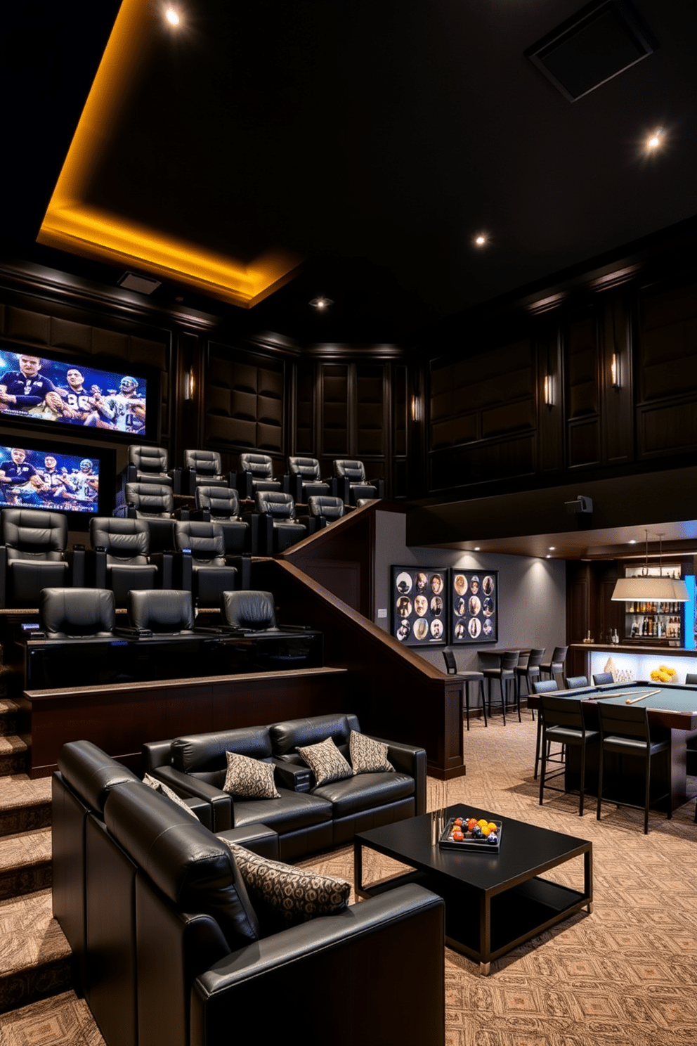 A luxurious home theater featuring tiered seating for optimal viewing. The space is adorned with plush, dark leather recliners, and a large screen is mounted on the front wall, surrounded by acoustic panels. The L-shaped basement design incorporates a cozy lounge area with a sectional sofa and a sleek coffee table. One side of the basement is dedicated to a stylish bar with high stools, while the other features a game area with a pool table and ambient lighting.