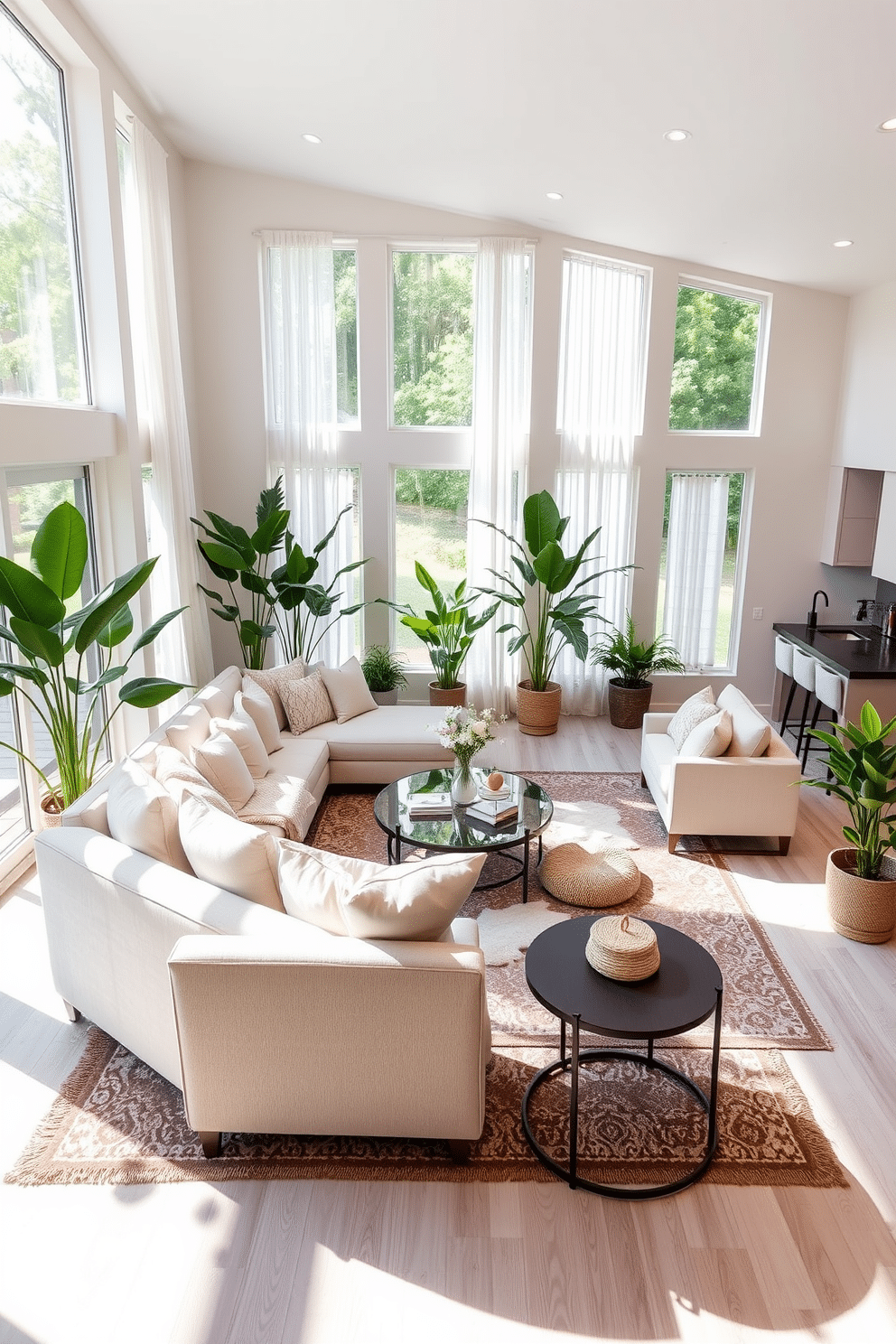 Bright and airy sunroom feel. Large windows allow natural light to flood the space, creating a warm and inviting atmosphere. Soft, neutral-colored furnishings are arranged around a central coffee table, complemented by lush indoor plants strategically placed throughout the room. A light wood floor enhances the airy vibe, while sheer curtains gently diffuse the sunlight. L-Shaped Basement Design Ideas. The layout features a cozy seating area with a sectional sofa, anchored by a stylish area rug, perfect for relaxation and entertainment. A wet bar with modern finishes is integrated into one corner, while the other side includes a game table for social gatherings, all illuminated by recessed lighting for a welcoming ambiance.