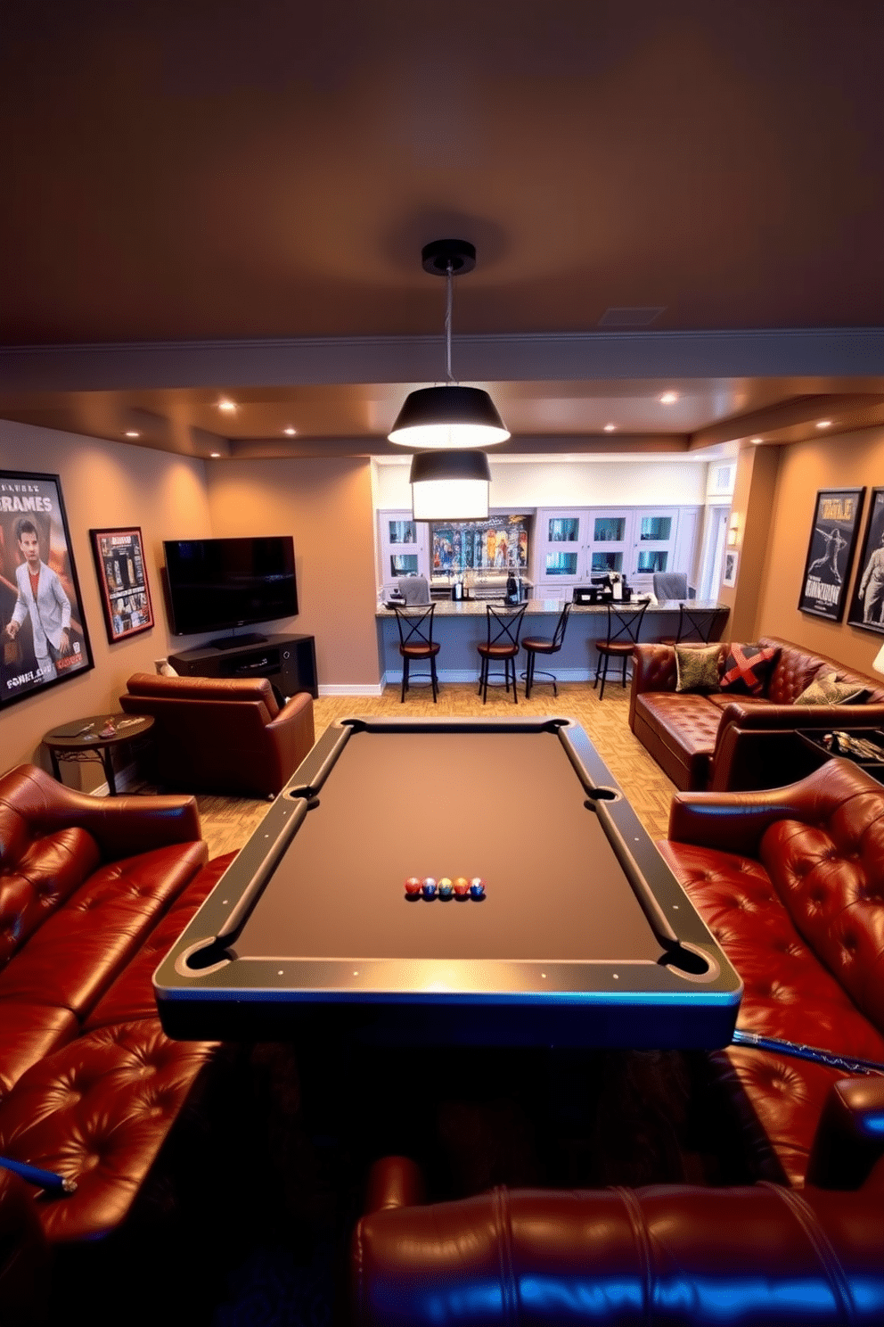 A vibrant game room featuring a sleek pool table at the center, surrounded by comfortable seating in rich leather. The walls are adorned with framed posters of classic games, and ambient lighting casts a warm glow over the space. An inviting L-shaped basement designed for relaxation and entertainment, showcasing a cozy sectional sofa and a stylish bar area. The decor includes soft lighting, a large flat-screen TV, and a mix of modern and vintage accents for a balanced aesthetic.