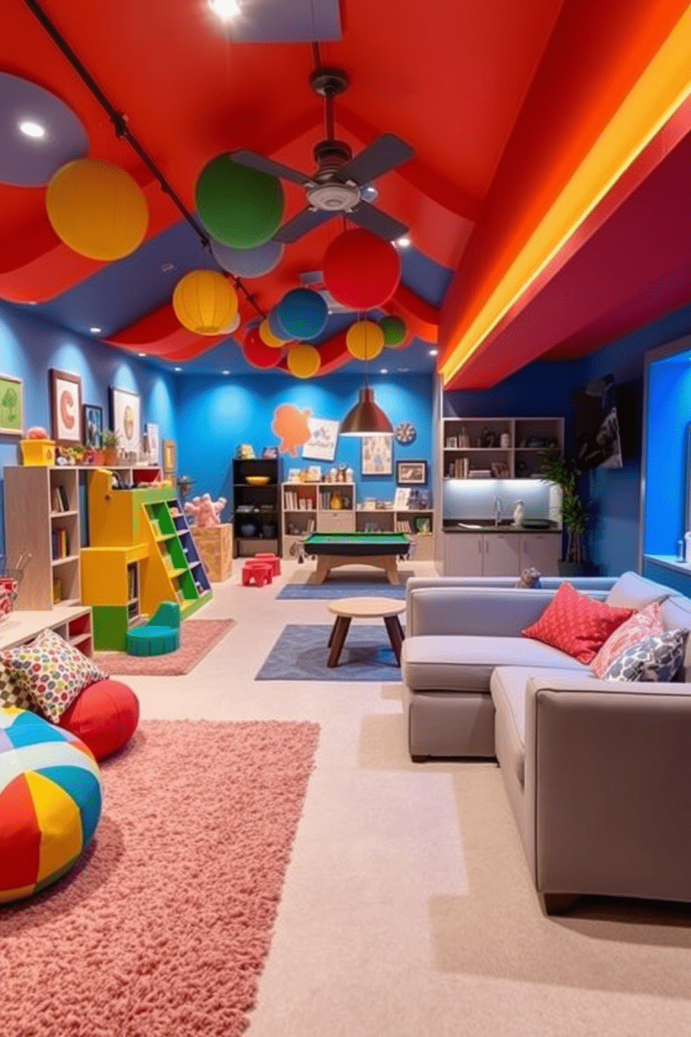 A vibrant children's play area filled with colorful decor. The walls are painted in bright hues, adorned with playful artwork, and the floor is covered with soft, textured rugs for comfort. An inviting L-shaped basement designed for relaxation and entertainment. The space features cozy seating arrangements, a game area with a pool table, and ambient lighting that creates a warm atmosphere.