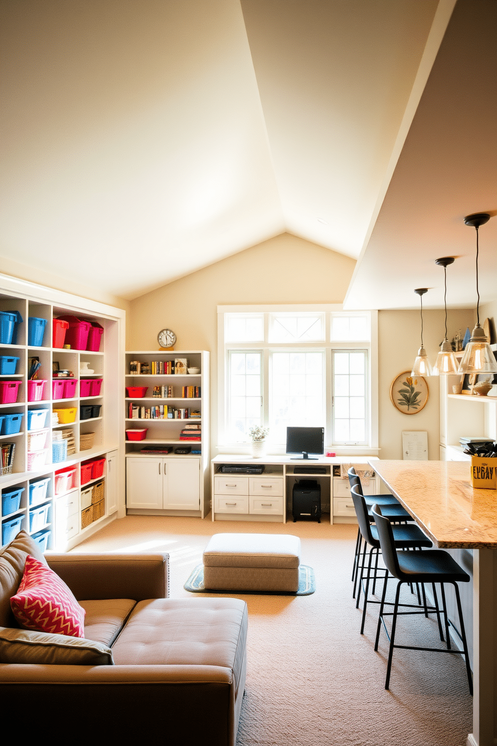 A bright and inviting craft room filled with natural light. The space features ample storage solutions, including built-in shelving and colorful bins, ensuring everything is organized and easily accessible. An L-shaped basement designed for both relaxation and entertainment. The area includes a cozy seating arrangement, a wet bar with stylish stools, and soft lighting that creates a warm ambiance for gatherings.