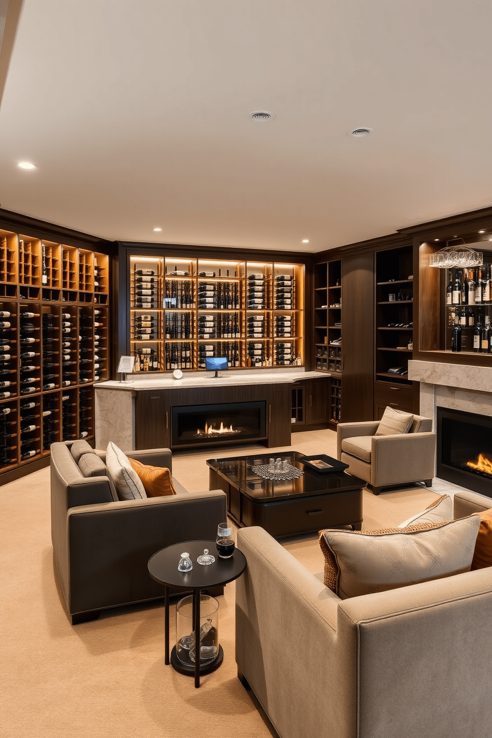 A luxurious wine cellar seamlessly integrated into the L-shaped basement design features custom wooden racks showcasing an extensive collection of fine wines. Soft, ambient lighting highlights the bottles, while a sleek tasting area with a polished stone countertop invites intimate gatherings. The basement's layout maximizes space, with cozy seating areas arranged around a modern fireplace, creating a warm and inviting atmosphere. Rich, dark wood accents and plush textiles enhance the sophisticated vibe, making it the perfect retreat for entertaining guests.