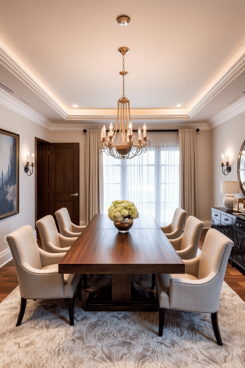 A beautifully designed L-shaped dining room features a large wooden table surrounded by upholstered chairs in a soft, neutral fabric. The walls are adorned with elegant artwork, and a statement chandelier hangs above the table, complemented by wall sconces that provide layered lighting for versatile moods. The space is enhanced with a large window dressed with sheer curtains, allowing natural light to filter in during the day. A plush area rug anchors the seating area, while accent lighting highlights decorative elements on a nearby sideboard.