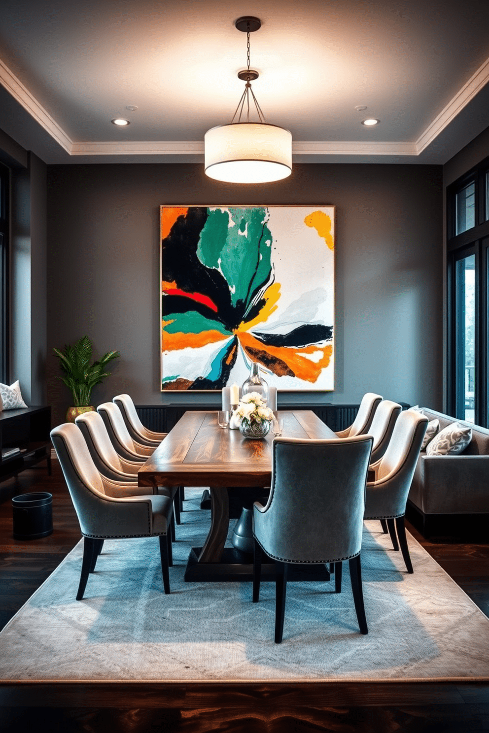 A striking L-shaped dining room features a large, bold artwork piece that serves as the focal point on the main wall. The dining table, made of reclaimed wood, is surrounded by elegant upholstered chairs in a soft gray fabric, complementing the vibrant colors of the artwork. The room is illuminated by a modern chandelier that hangs gracefully above the table, casting a warm glow. Large windows allow natural light to flood in, enhancing the inviting atmosphere of the space.