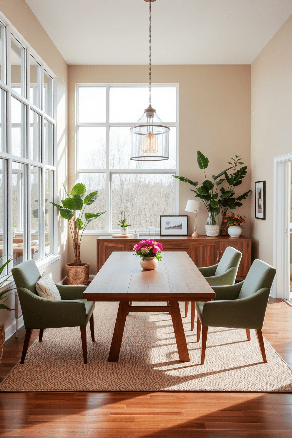 A serene L-shaped dining room featuring large windows that invite natural light, with walls adorned in soft earth tones. A wooden dining table sits at the center, surrounded by comfortable chairs upholstered in a subtle green fabric, complemented by potted plants in the corners for added greenery. The space includes a stylish sideboard made of reclaimed wood, displaying decorative items and fresh flowers. A statement pendant light hangs above the table, casting a warm glow over the room, while a textured area rug anchors the dining area and adds warmth.