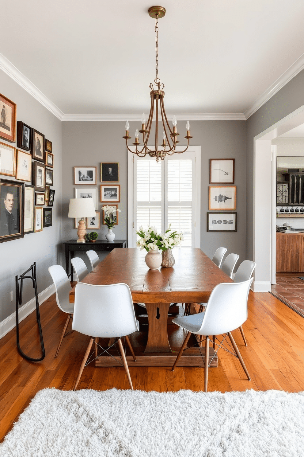 A stylish L-shaped dining room that seamlessly blends vintage and contemporary decor. The space features a reclaimed wood dining table paired with sleek, modern chairs, while a vintage chandelier hangs above, adding a touch of elegance. On one wall, an eclectic gallery of framed art mixes classic and modern pieces, creating visual interest. A plush area rug anchors the dining area, complementing the warm tones of the wooden floor and enhancing the inviting atmosphere.