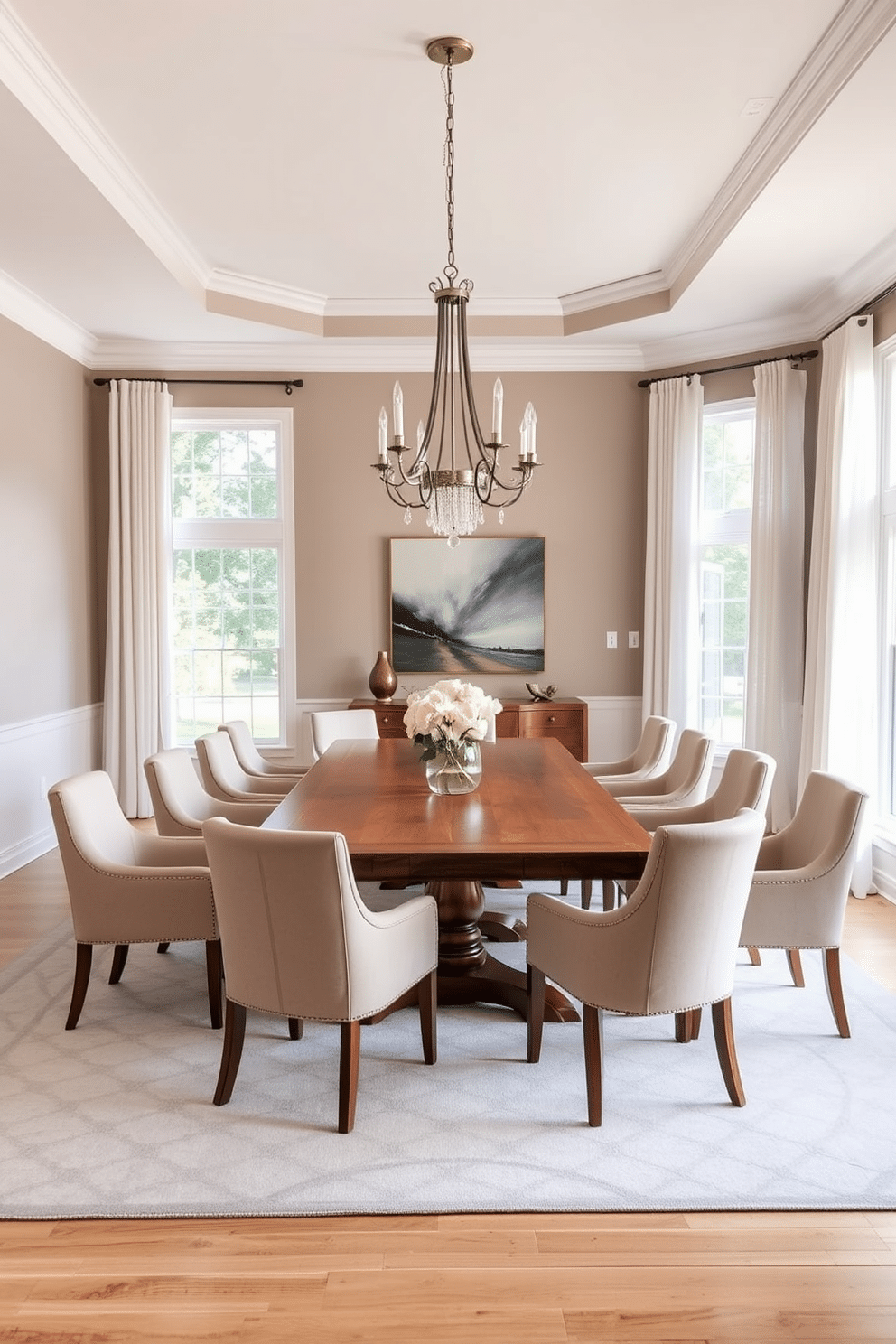 An L-shaped dining room featuring a large wooden table surrounded by upholstered chairs in soft beige tones. The walls are painted in a light taupe, complemented by a cozy area rug with subtle geometric patterns under the table. Large windows allow natural light to flood the space, adorned with sheer white curtains that gently diffuse the sunlight. A statement chandelier hangs above the table, adding an elegant touch to the serene atmosphere.