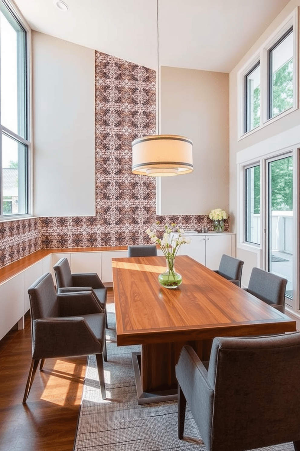 A striking accent wall features intricate patterned tiles in vibrant colors, creating a focal point that draws the eye. The surrounding walls are painted in a soft neutral tone to enhance the vibrancy of the tiles and maintain balance in the space. The L-shaped dining room is designed with a sleek wooden table that comfortably seats six, complemented by modern upholstered chairs. Large windows allow natural light to flood the room, while a stylish pendant light fixture hangs above the table, adding warmth and sophistication to the ambiance.