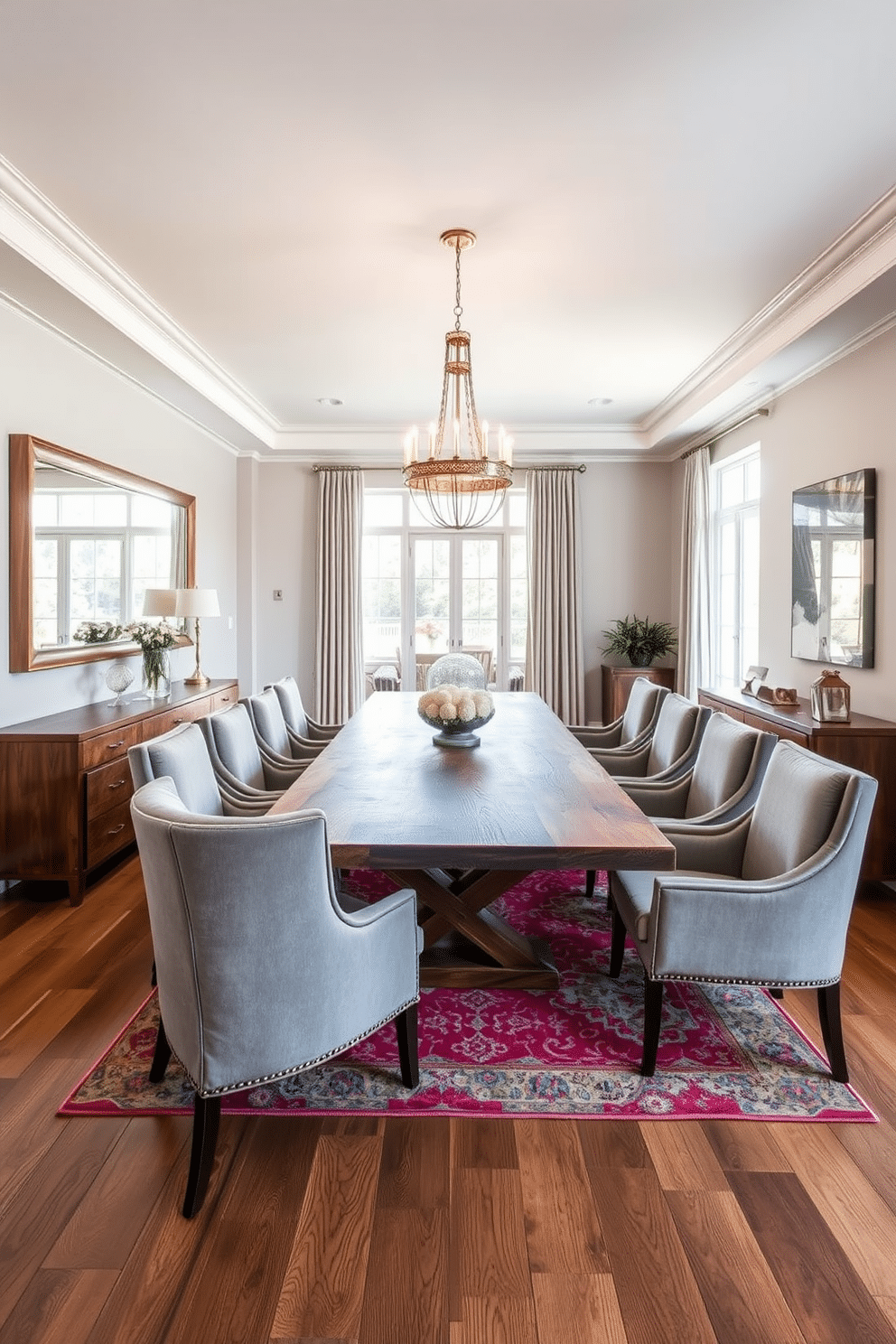 A stunning L-shaped dining room featuring a large rectangular table made of reclaimed wood, surrounded by plush upholstered chairs in a soft gray fabric. The walls are adorned with an oversized mirror that reflects natural light, enhancing the sense of space and depth in the room. A statement chandelier hangs from the ceiling, casting a warm glow over the dining area. The floor is finished with wide-plank hardwood, and a vibrant area rug adds a pop of color beneath the table, creating an inviting atmosphere for gatherings.